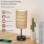 Touch Table Lamp For Bedroom with Bulb, Boho Small Desk Lamp For Living Room With Rattan & Linen Shade, 3 Way Dimmable Bedside Table Lamp For Nightstand With USB Charging Port & Phone Stand For Office