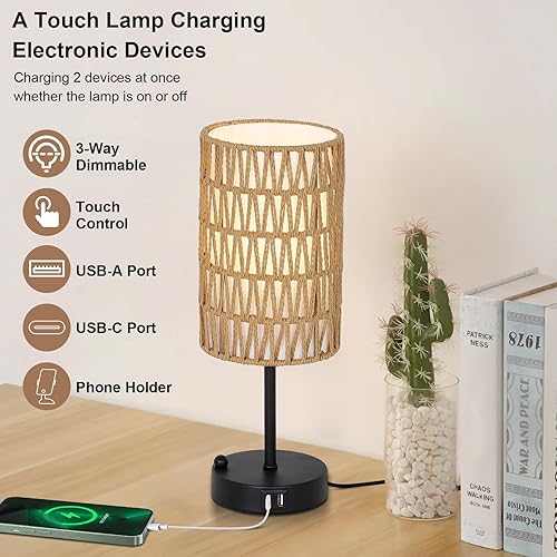 Vista 3 de Lámpara de mesa táctil para dormitorio con bombilla, lámpara de escritorio pequeña boho para sala de estar con pantalla de ratán y lino, lámpara