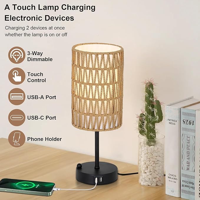 Eayaya Touch Table Lamp Set of 2 For Bedroom with Bulb, Boho Small Desk Lamp For Living Room With Rattan & Linen Shade, 3 Way Dimmable Bedside Table Lamp For Nightstand With USB Charging Port & Phone Stand photo 6