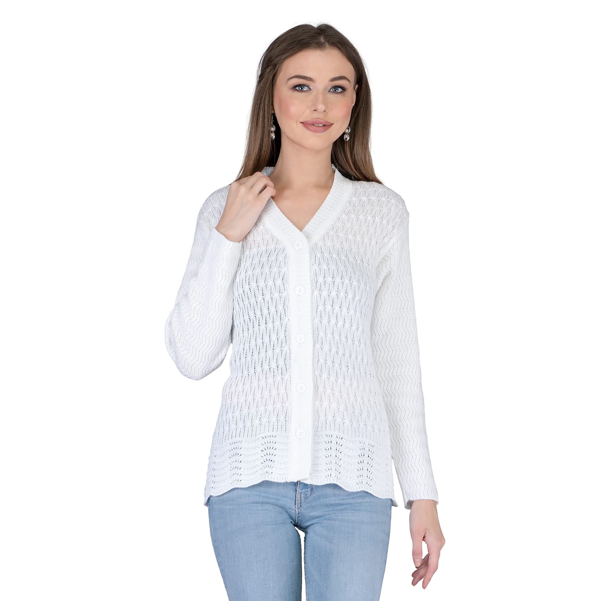 Lady Willington Women's Woolen V-Neck Self Design Cardigan - Heavy Daffodil Fabric Winter Wear Pure Wool Long Cotty Fully Warm Free Size