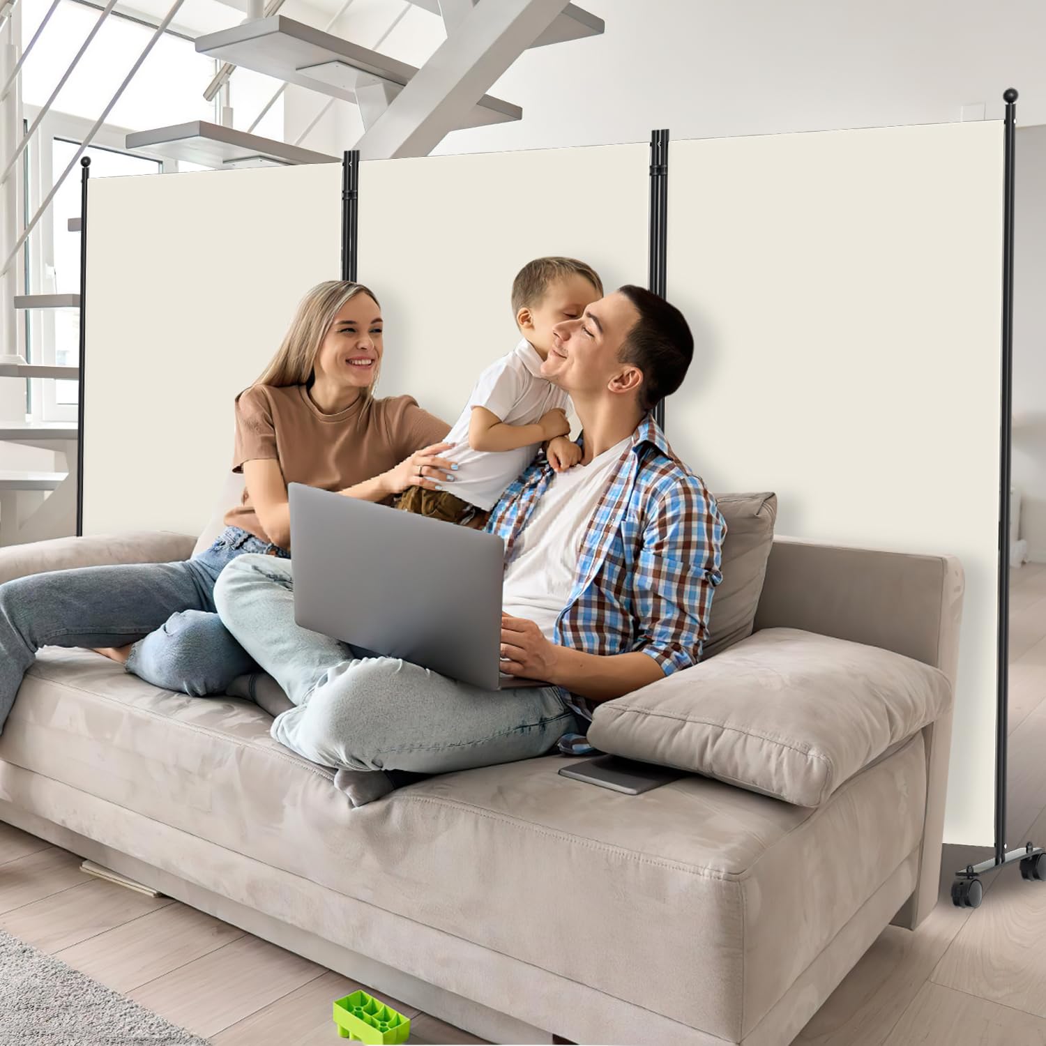 Biombo biombo con ruedas, divisor plegable de 3 piezas, 263 x 181 x 30 cm, para dormitorio, protección visual de fibra de poliéster, fácil instalación (beige)