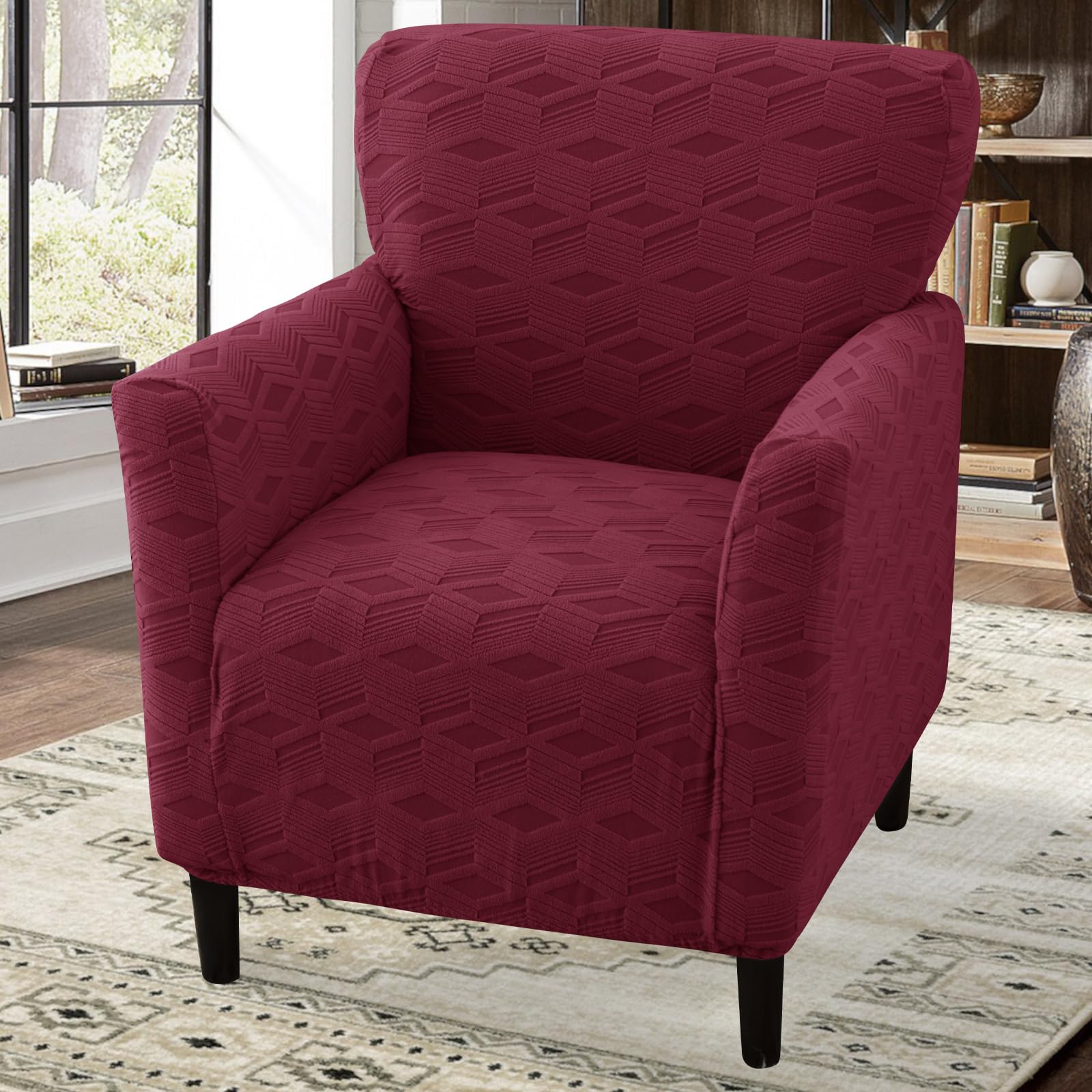 LiveGo Stretch Banquet Armchair Slipcover, Knit Chair Covers with Arms, Non-Slip Waterproof Chair Slipcover for Living Room, Office, Reception, and Pet-Friendly Furniture Protector (Wine Red C)