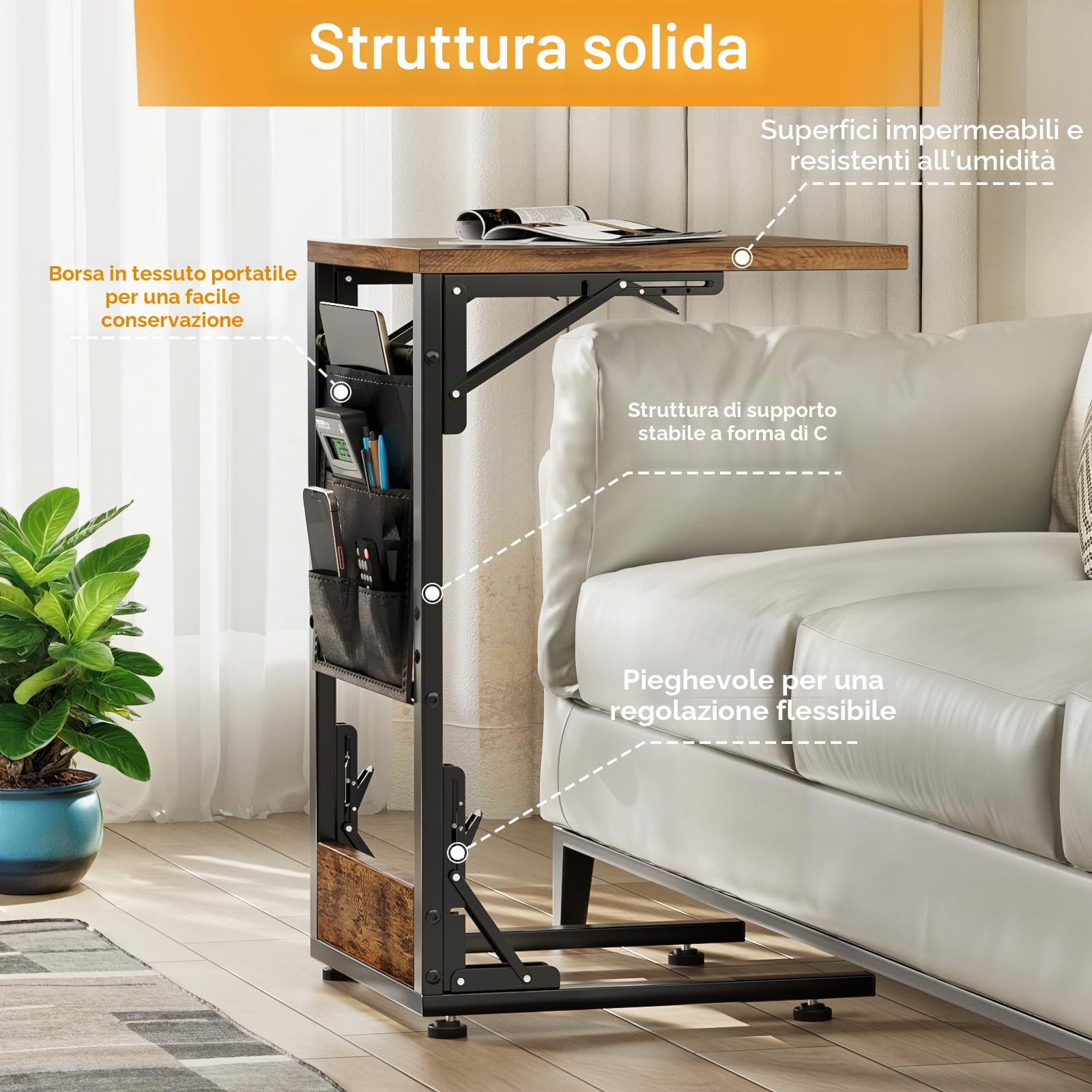 Bomclap C-Form - Tavolino pieghevole da divano, comodino con custodia, tavolino con struttura in metallo per soggiorno, camera da letto, ufficio, 30 x 40 x 64,5 cm