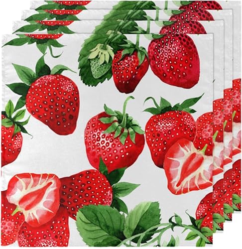 Miniatura 5 de Juego de 4 servilletas de tela con patrón de fresas de 20 x 20 pulgadas, servilletas de tela de fresa, hojas de fresa, lavables, reutilizables,