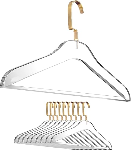 Miniatura 9 de Perchas de acrílico transparente para faldas, paquete de 10 unidades, elegantes y resistentes, 0.5 pulgadas de grosor, organizador de ropa de Dorado