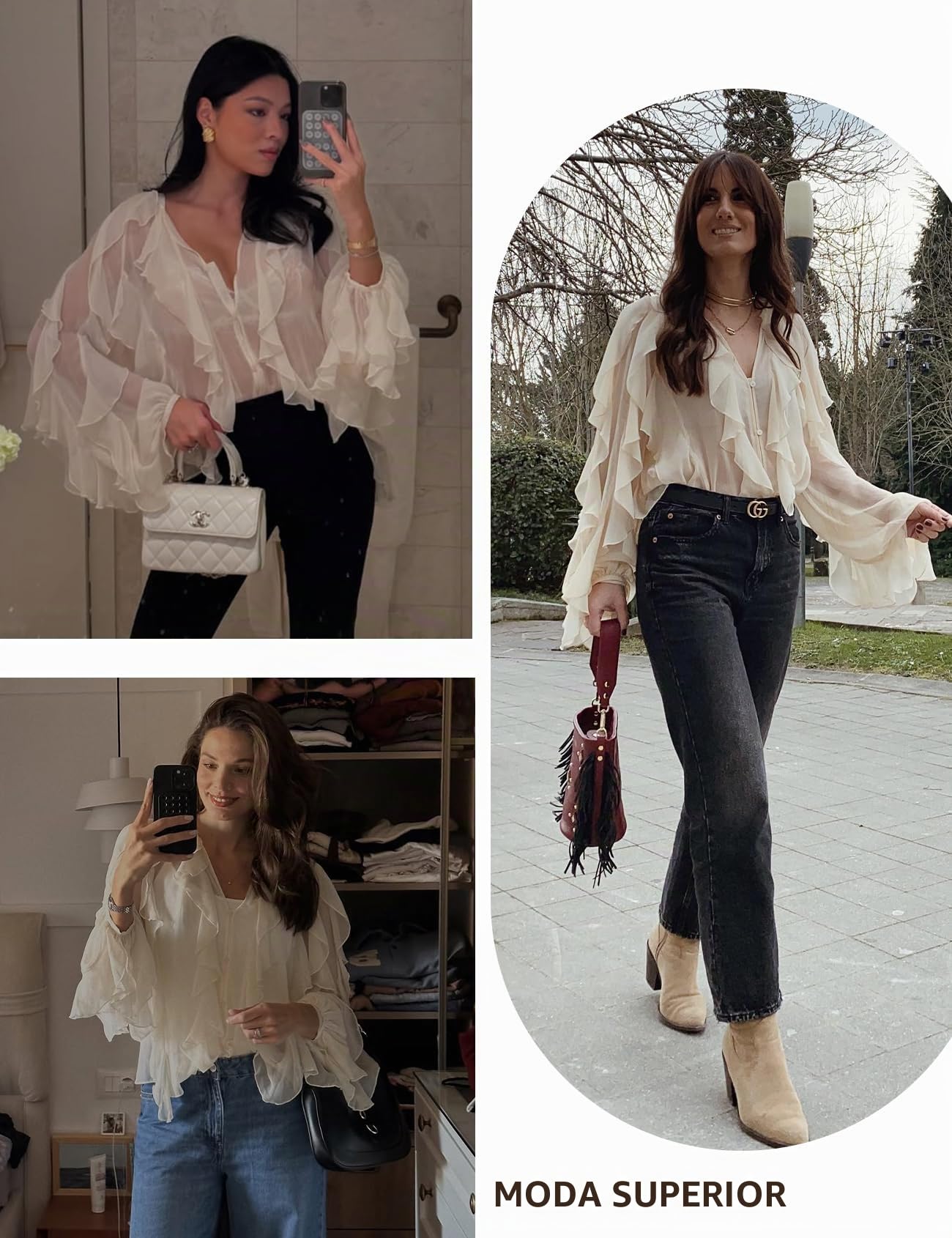 Shiyifa Blusa transparente con volantes para mujer, cuello en V, gasa transparente con volantes, tops de verano para salir