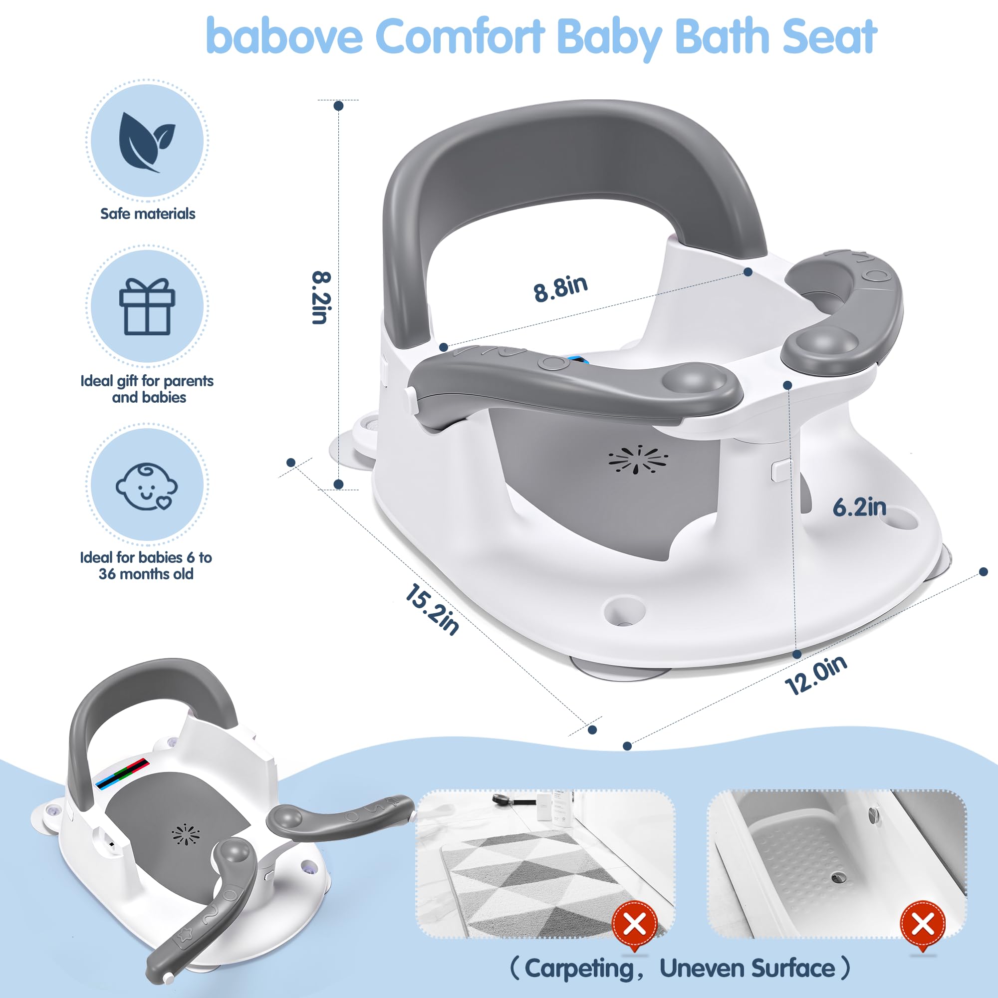 babove Siège de bain pour bébés de 6 mois et plus avec thermomètre autocollant, bouton One-Touch pour une ouverture facile de l'accoudoir, chaise de bain pour bébé (gris)