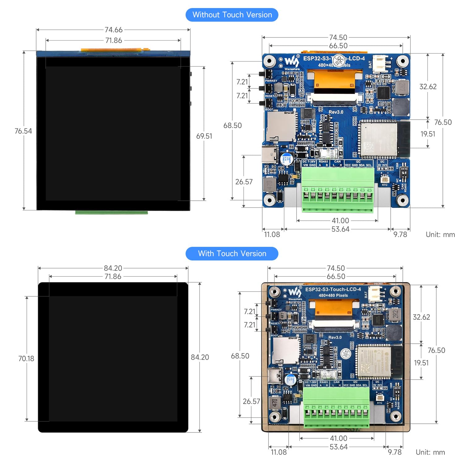 Waveshare ESP32-S3 4inch Capacitive Touch Display Development Board, 480×480, 5-Point Touch, 32-Bit LX7 Dual-Core Processor, Up To 240MHz Frequency, Supports WiFi, With Onboard Antenna