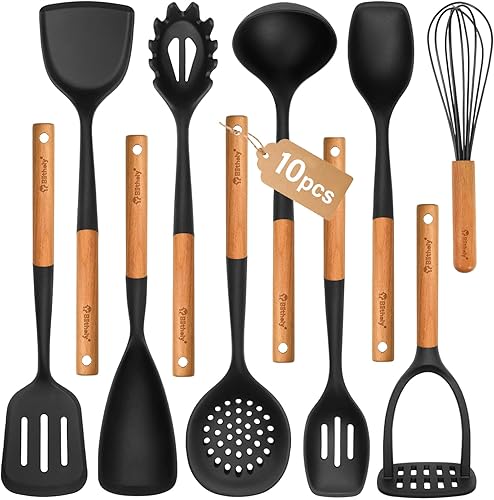 Miniatura 1 de Juego de utensilios de cocina de silicona grandes, juego de 10 utensilios de cocina antiadherentes con mango de madera, utensilios de silicona