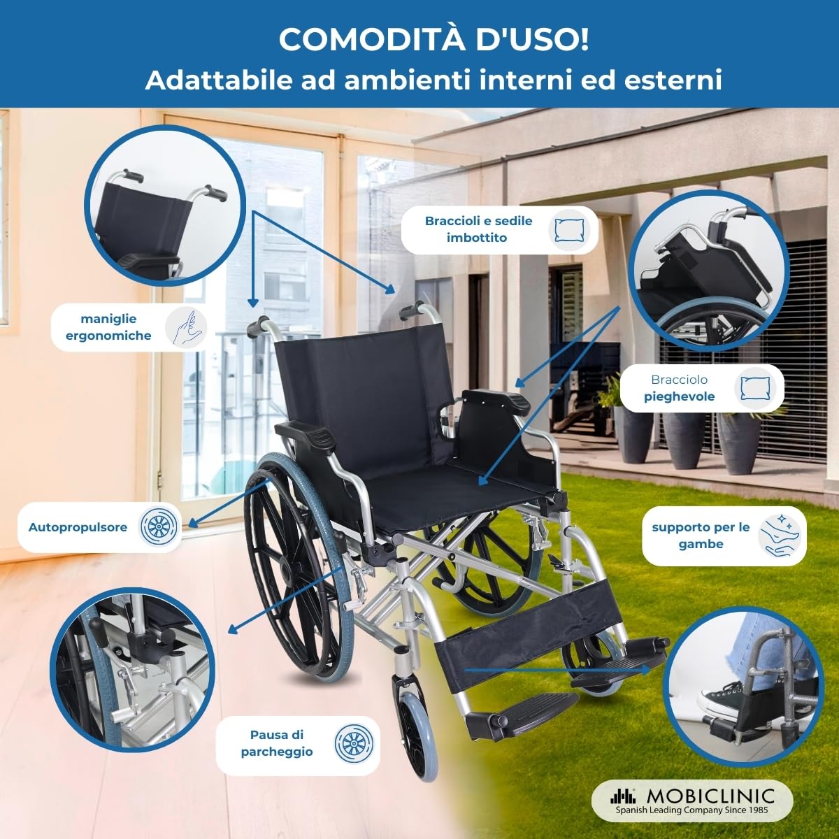Mobiclinic®, Sedia a rotelle, Pieghevole, Leggera, Sistema sottoporta, Freno di stazionamento, Modello ópera, Alluminio, Ruote piene, Braccioli pieghevoli, Pedane estraibili, Ergonomica