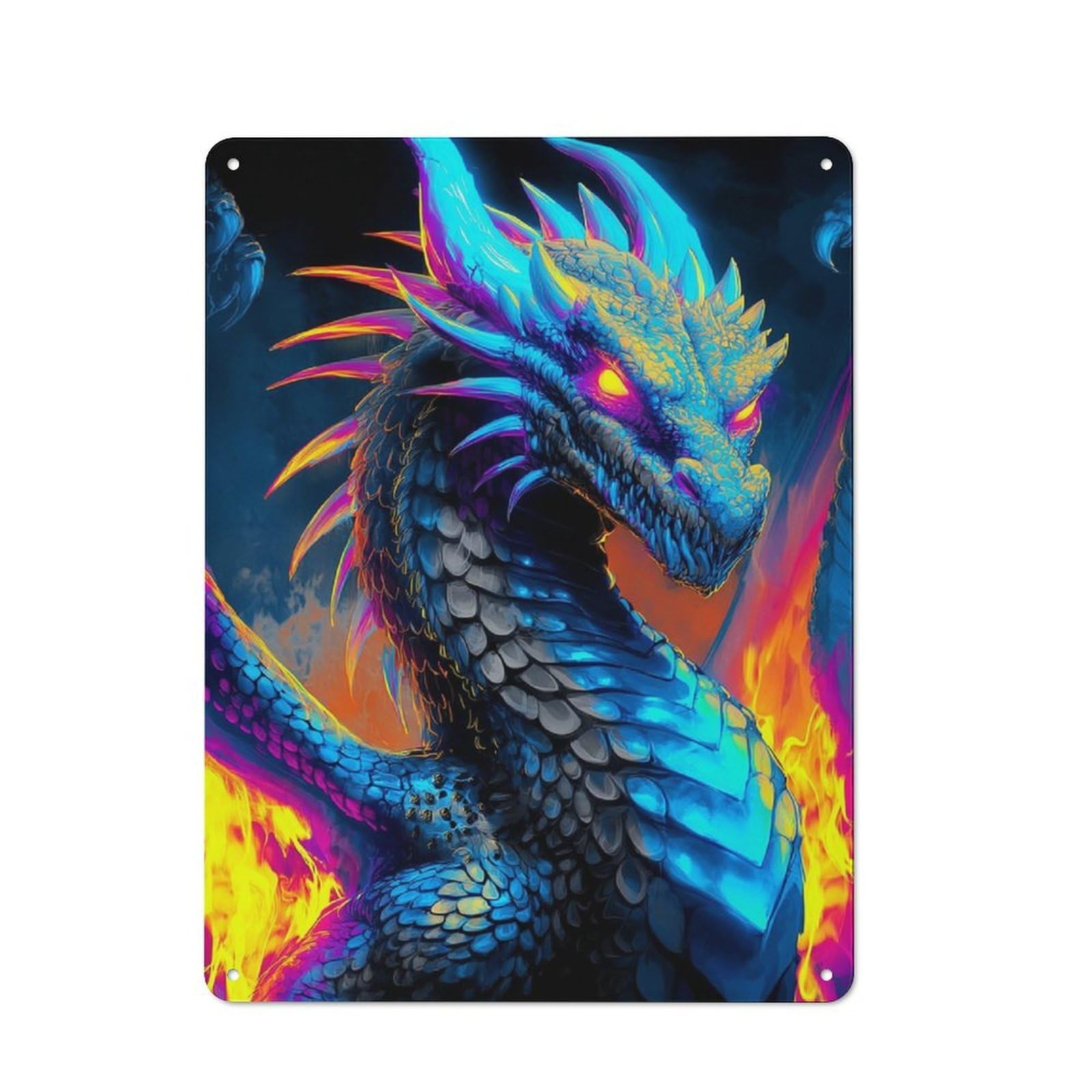 Junmoney Neon Dragon With Fiery Wings Rustic Metal Wall Sign 40X30cm For Café Or Restaurant, Gift Idea At Christmas For Café Owners And Decorators