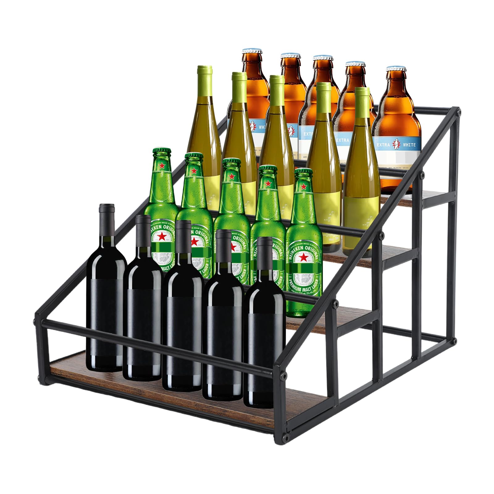 Botellero con bandeja, 4 niveles de madera y metal para 16 botellas de licores y jarabes, estantería retro de bar y estante de cocina, organizador de jarabe multifuncional para café y especias