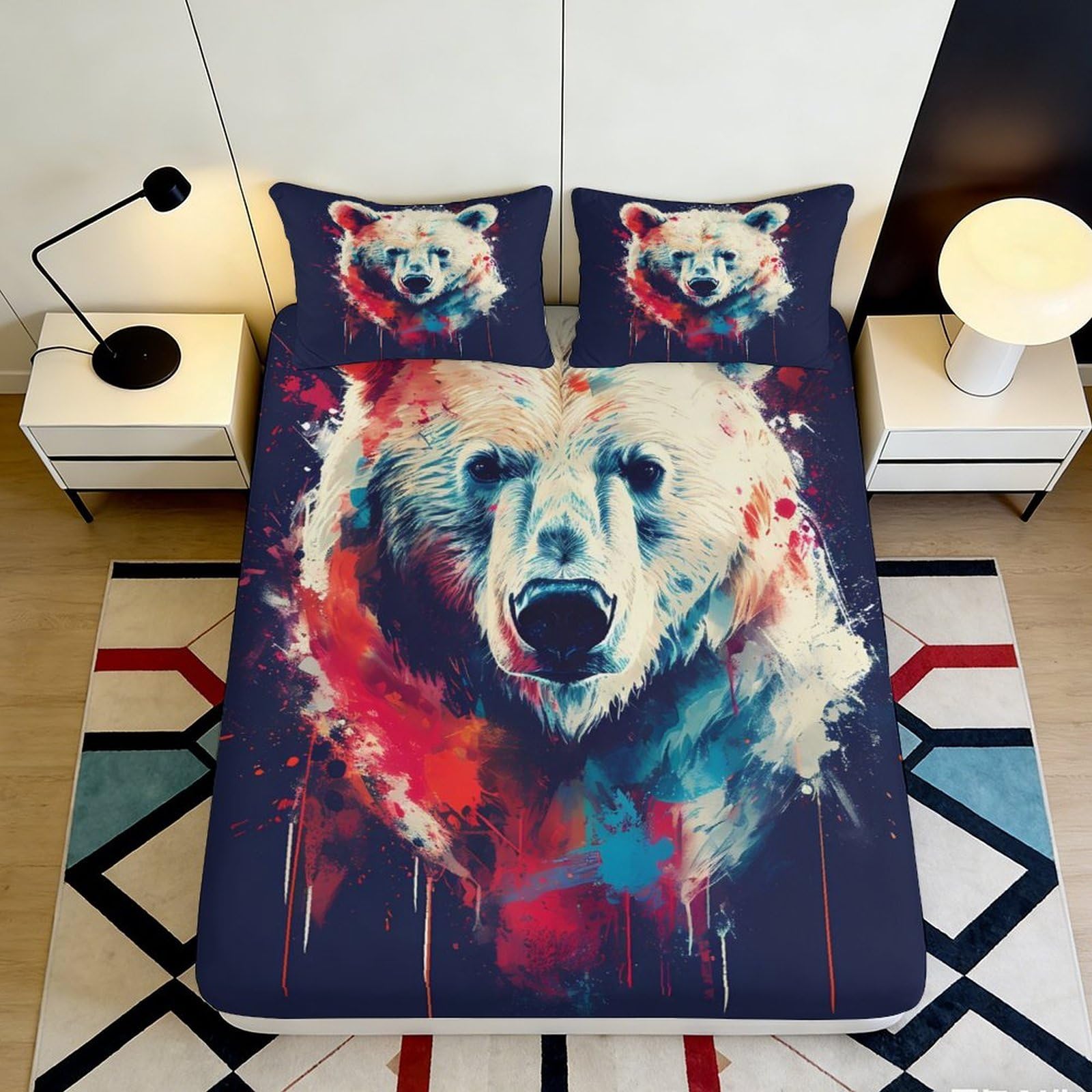 3D Printed Abstract Bear Fitted Sheet Microfiber Soft Breathable Watercolor Animal Mattress Cover Bedroom Decor 90x200x25cm