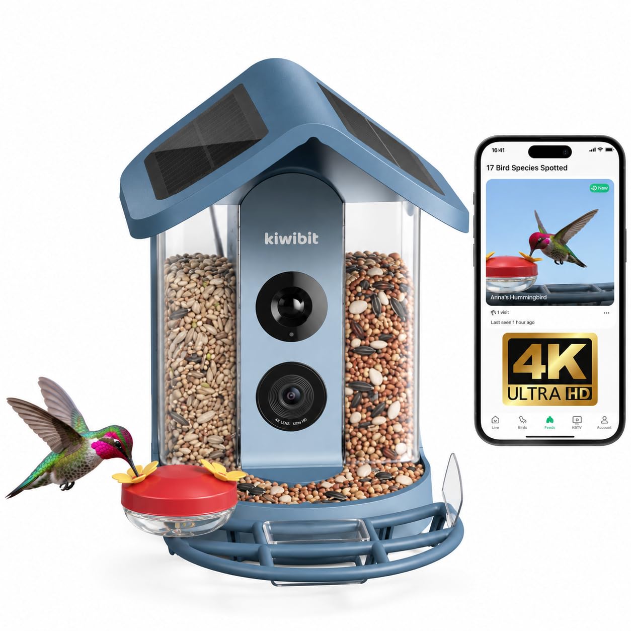 Kiwibit Solar Smart Bird Feeder with Camera, 4K HDR Live Video, AI Bird ID