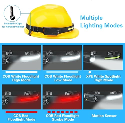 Miniatura 3 de COSOOS Linterna frontal LED recargable 3 piezas con estuches, luz blanca y roja, sensor de movimiento, clips de casco duro, lámpara de cabeza de haz