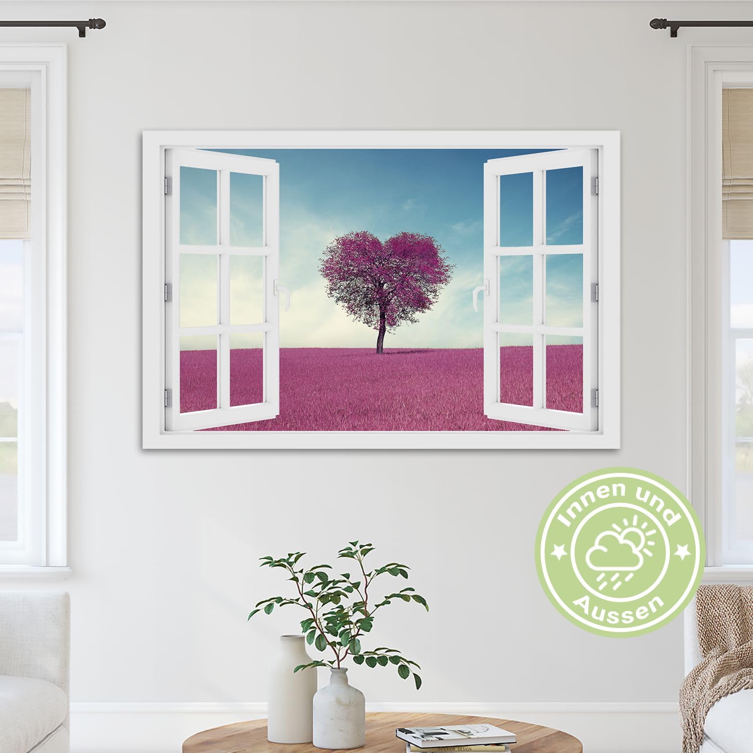 Wandbild Outdoor wetterfeste Bilder für draußen | Gartenbilder Innen & Außen | Landschaftsbilder Acryl Glas Fensterblick Effekt | 60x60cm Feld Himmel Baum Herz