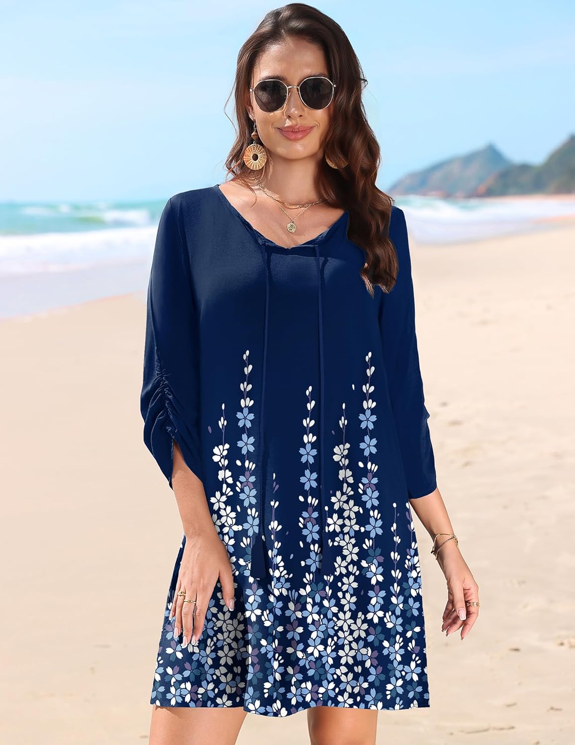 HOTOUCH Women Casual Beach Summer Dress Boho V Neck 3/4 Long Sleeve Short Floral Print Flowy Swimsuit Cover Up Sundress - Image 2