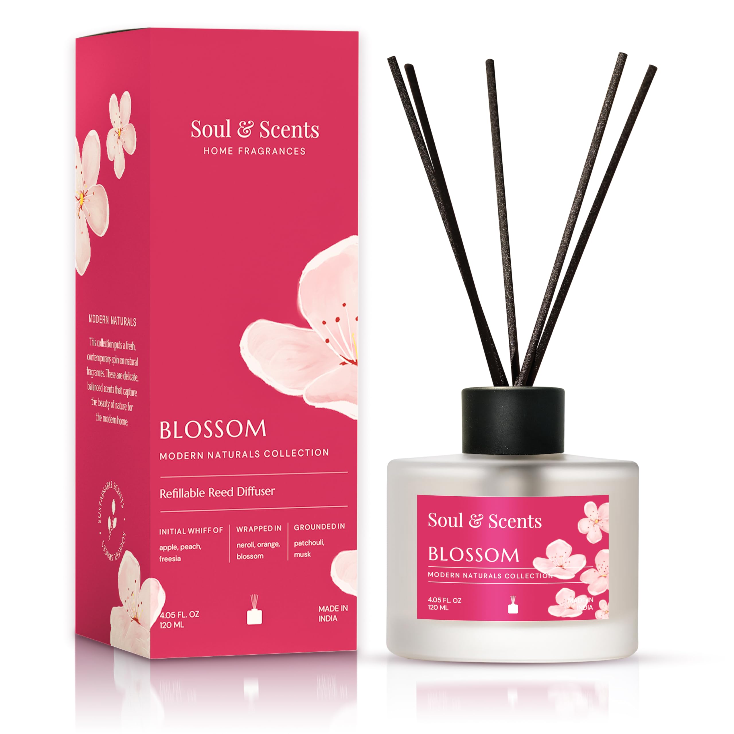 Soul & Scents Glass 120ml Blossom Reed Diffuser Set | Free 6 Fiber Reed Sticks | Stress Relief & Aromatherapy | Long-Lasting, Smoke-Free Air Freshener for Home, Bedroom & Office | Ideal for Gifting