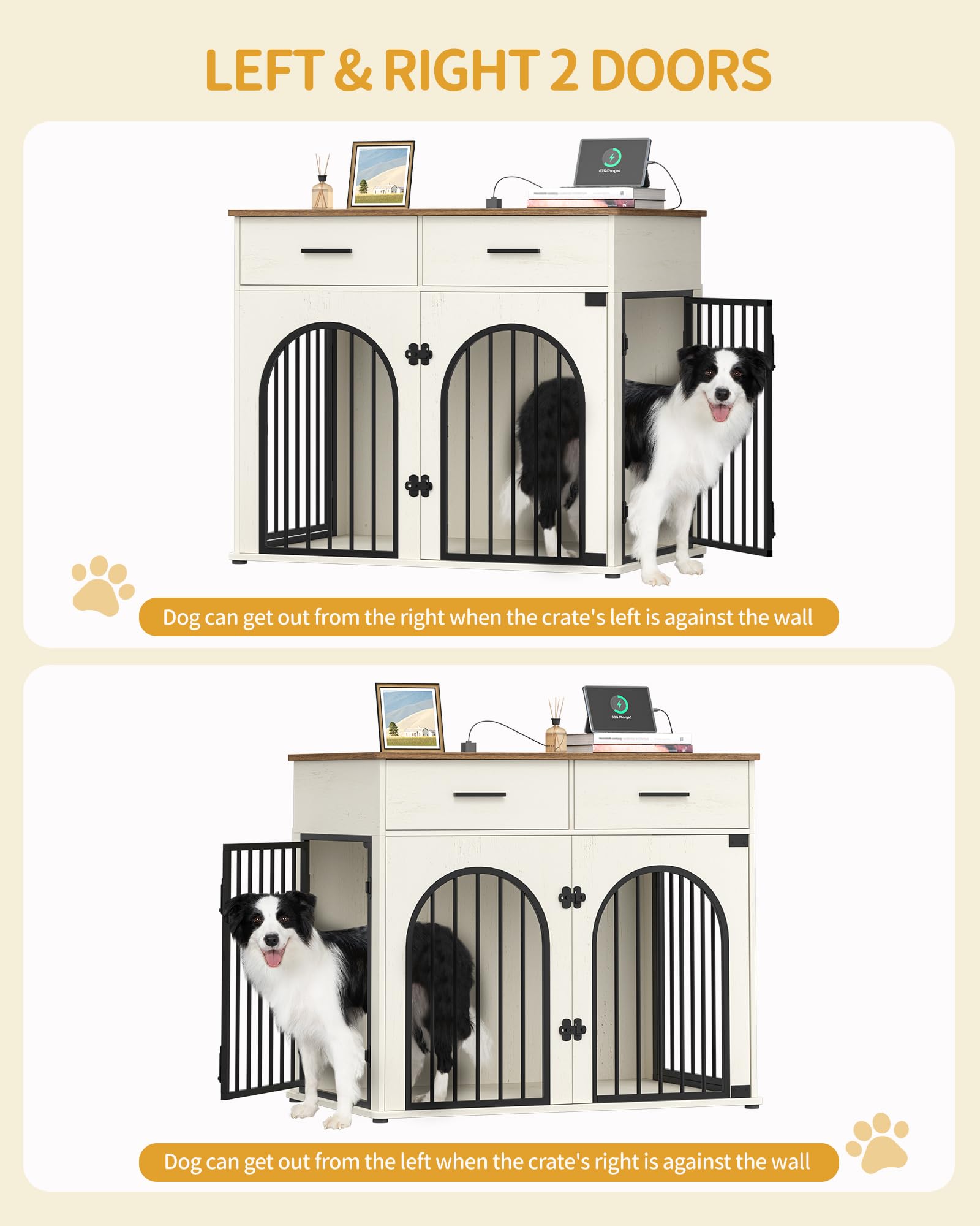 Hzuaneri 110 cm Cage pour Chien avec 2 Tiroirs de Rangement, Meuble Cage pour Chien d'intérieur avec Station de Charge, Heavy Caisse en Bois pour Chiens de Taille Grande, Blanc et Marron DFC88214BEU