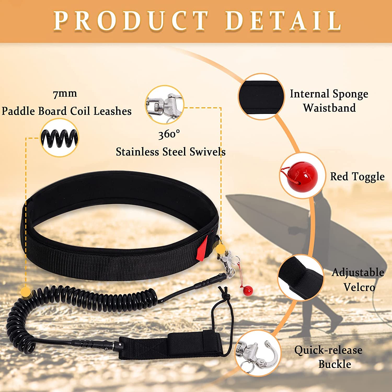 Poweka Surfboard Waist Leash 10ft x 7mm, Hüftgurt SUP für Paddleboard kompatibel mit Allen Paddelbrett-Spiralgurten, Verstellbarer Hüftgurt mit Schnellverschluss für Surfen Wassersport
