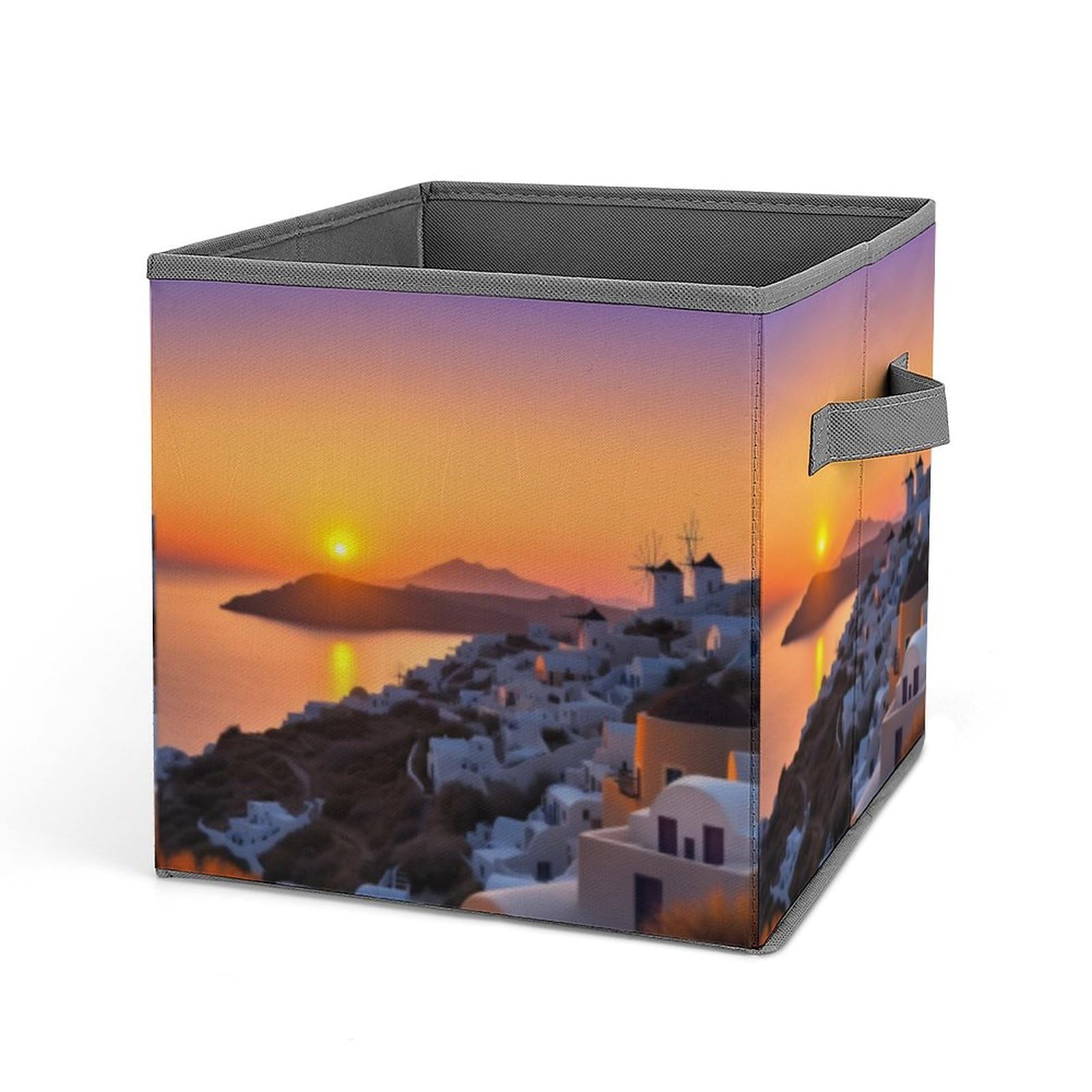 JTREHY Greece Island Sunset Landscape Printed Foldable Storage Box, 10.6 Inches Fabric Storage Box for Wardrobe, Bedroom, Utility Room