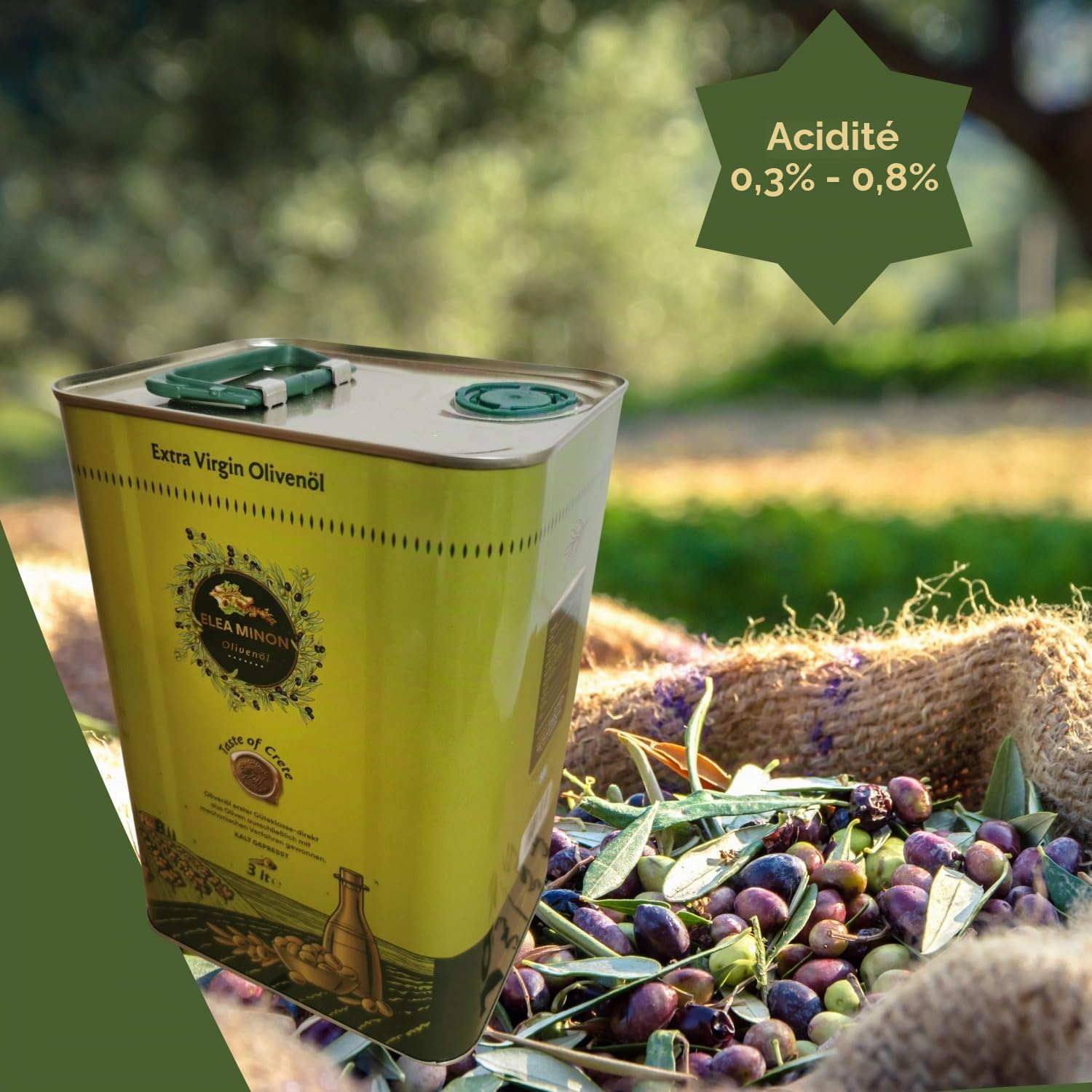 Elea Minon Huile d'olive extra vierge – 0,75 l / 3 l / 5 l – Pressée à froid de Crète, 100 % pure huile d'olive grecque de qualité supérieure, première pression à froid, fruitée douce, bidon en métal