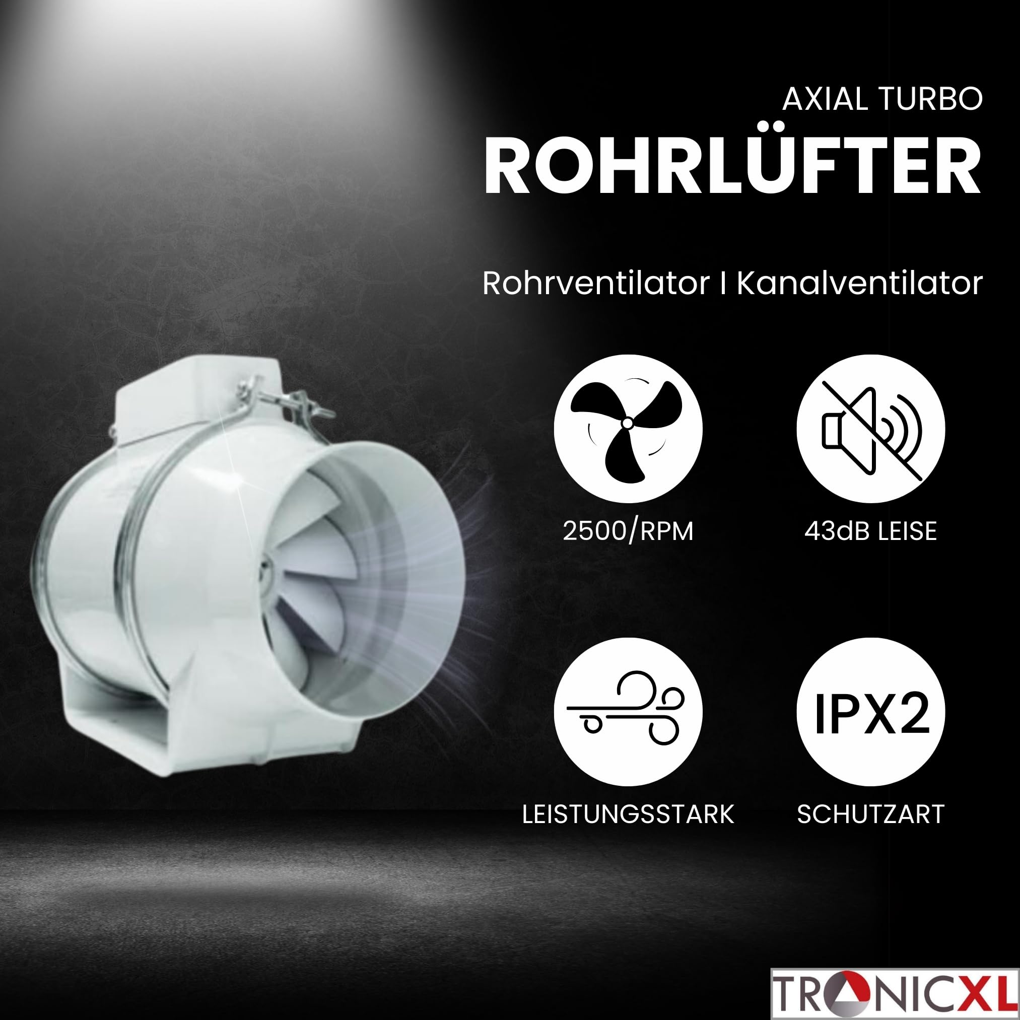 TronicXL Turboventilator Axial Rohrventilator 100mm leise I Rohrlüfter Abluftventilator Abluft/Zuluft Lüfter Ventilator Bad Küche Garage Rauchabzug Werkstatt