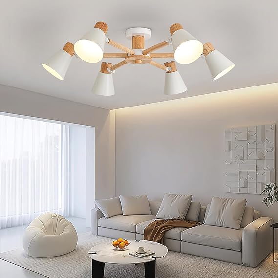 YOODI YOODI Moderne plafondlamp, 6 lampen, plafondlamp, hanglamp, wit, kroonluchter van metaal en massief hout, E27, basis, max. 40 W, plafondlamp voor woonkamer, slaapkamer, keuken (lamp niet inbegrepen)