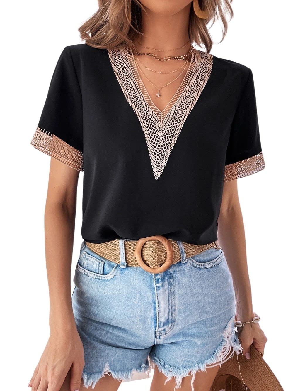 Laura Lily - Camisa Blusa de Satén con Manga Corta para Mujer con Encaje Dorado Bordado Cuello V, Súper Elegante, para Trabajo o Eventos.2601 NegroM