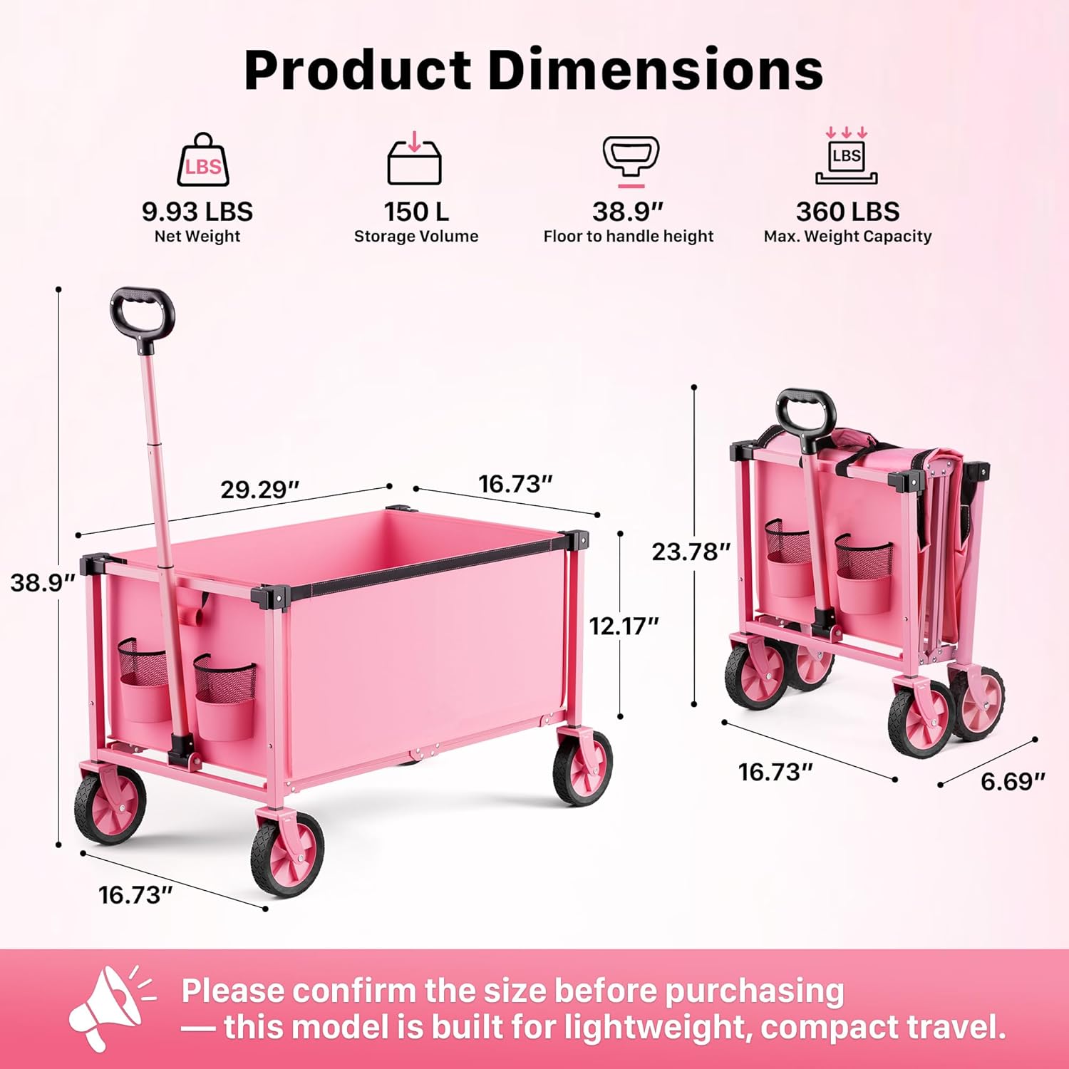 Collapsible Wagon Cart with Wheels, 150L Lightweight Foldable Utility Cart, Portable Rolling Wagon for Garden, Shopping, Sports, Camping, Transport, Pink