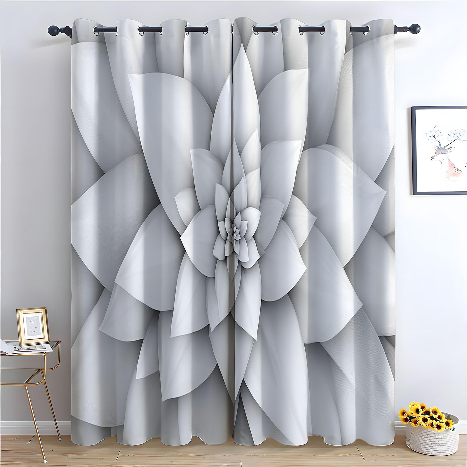 TERUEA Blackout Curtains for Bedroom Minimal spiral shaped handmade white paper blooms Window Drapes with Grommets Thermal Insulated Privacy Protect for Living Room-52 W x 84" L (Pack of 2)