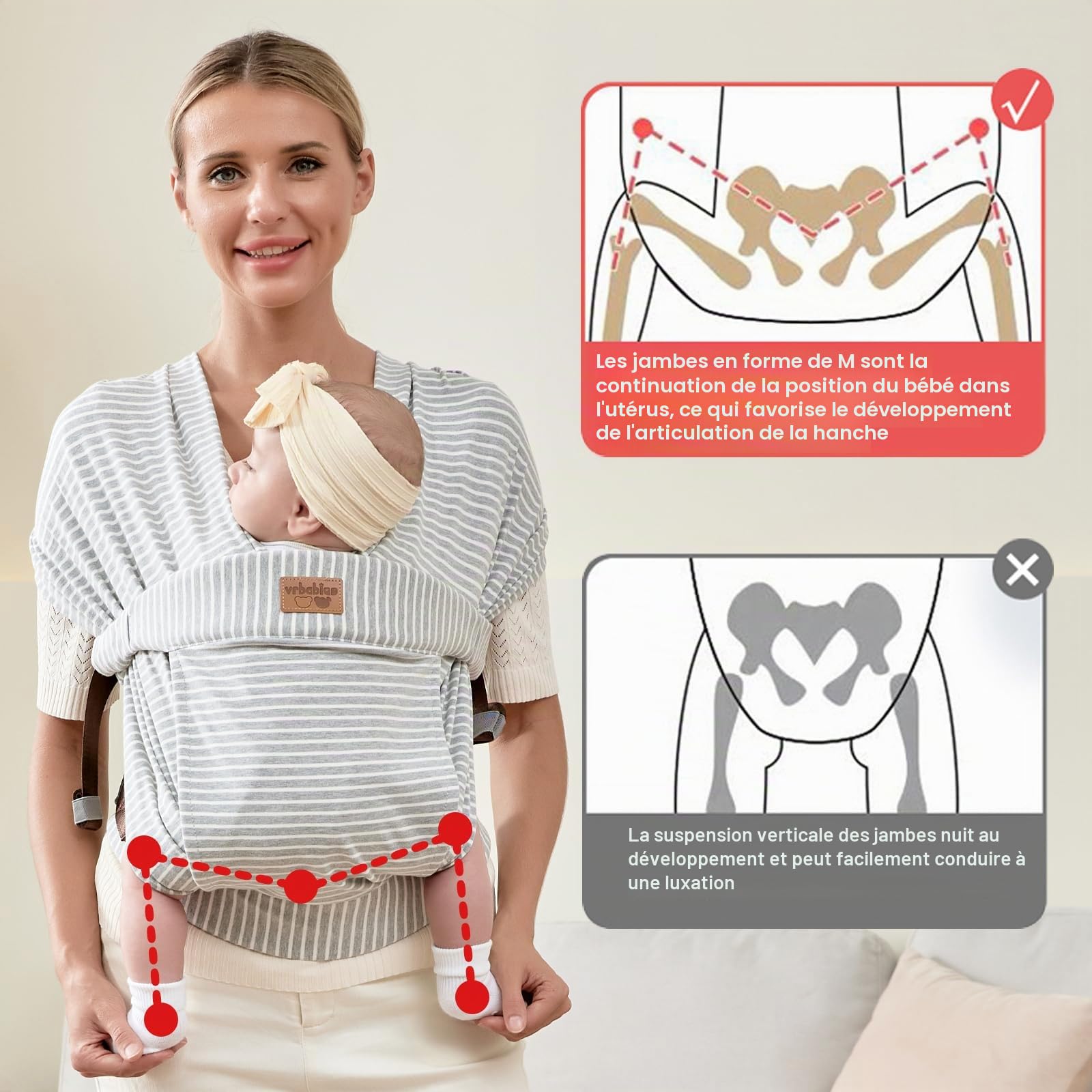 Porte-bébé pour nouveau-né dès la naissance, extra doux, porte-bébé, ergonomique, gris rayé