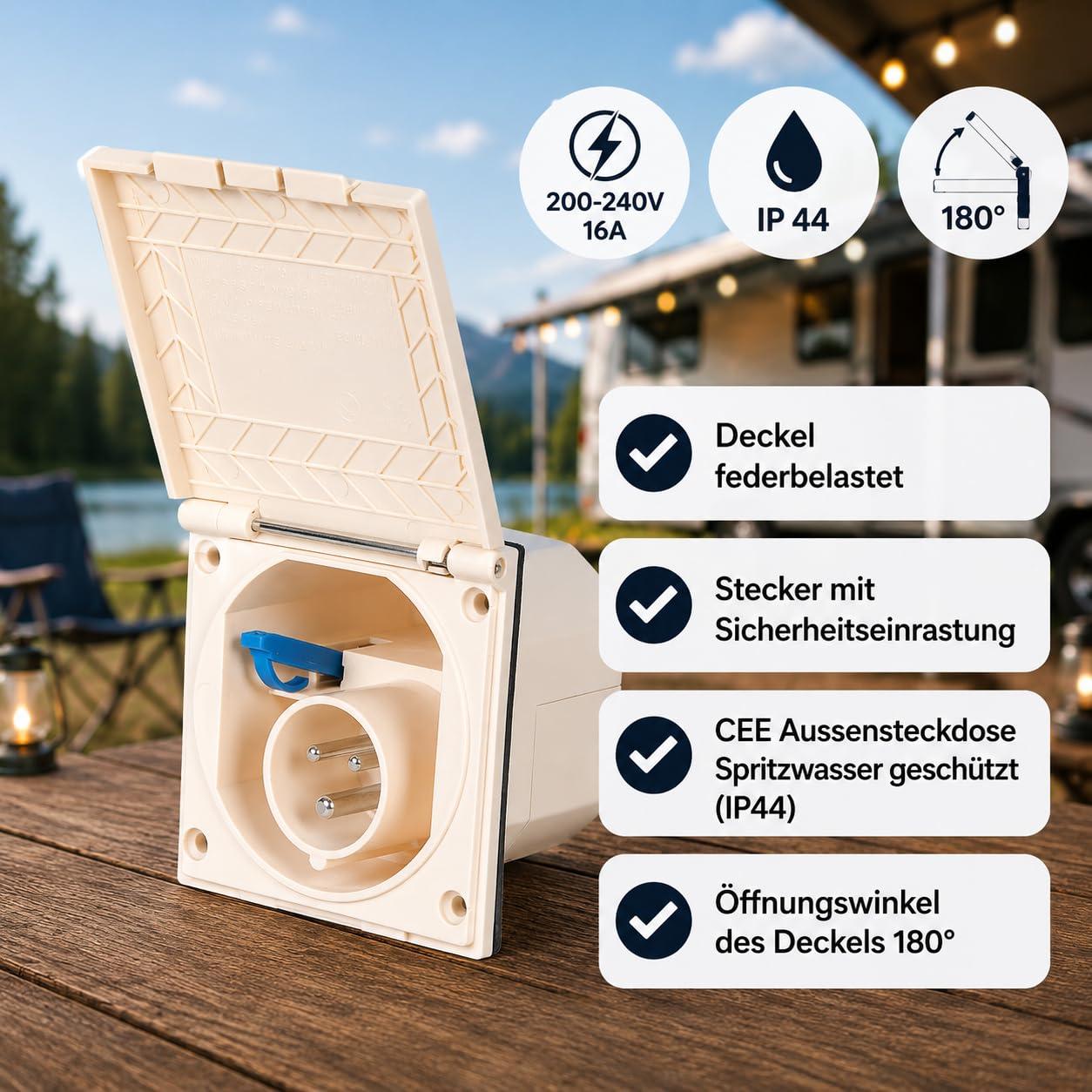 Powerpart CEE esterno presa Beige Resistente agli spruzzi d' acqua IP 44 200 – 240 V, 16 a, 3 poli per roulotte, camper o barca