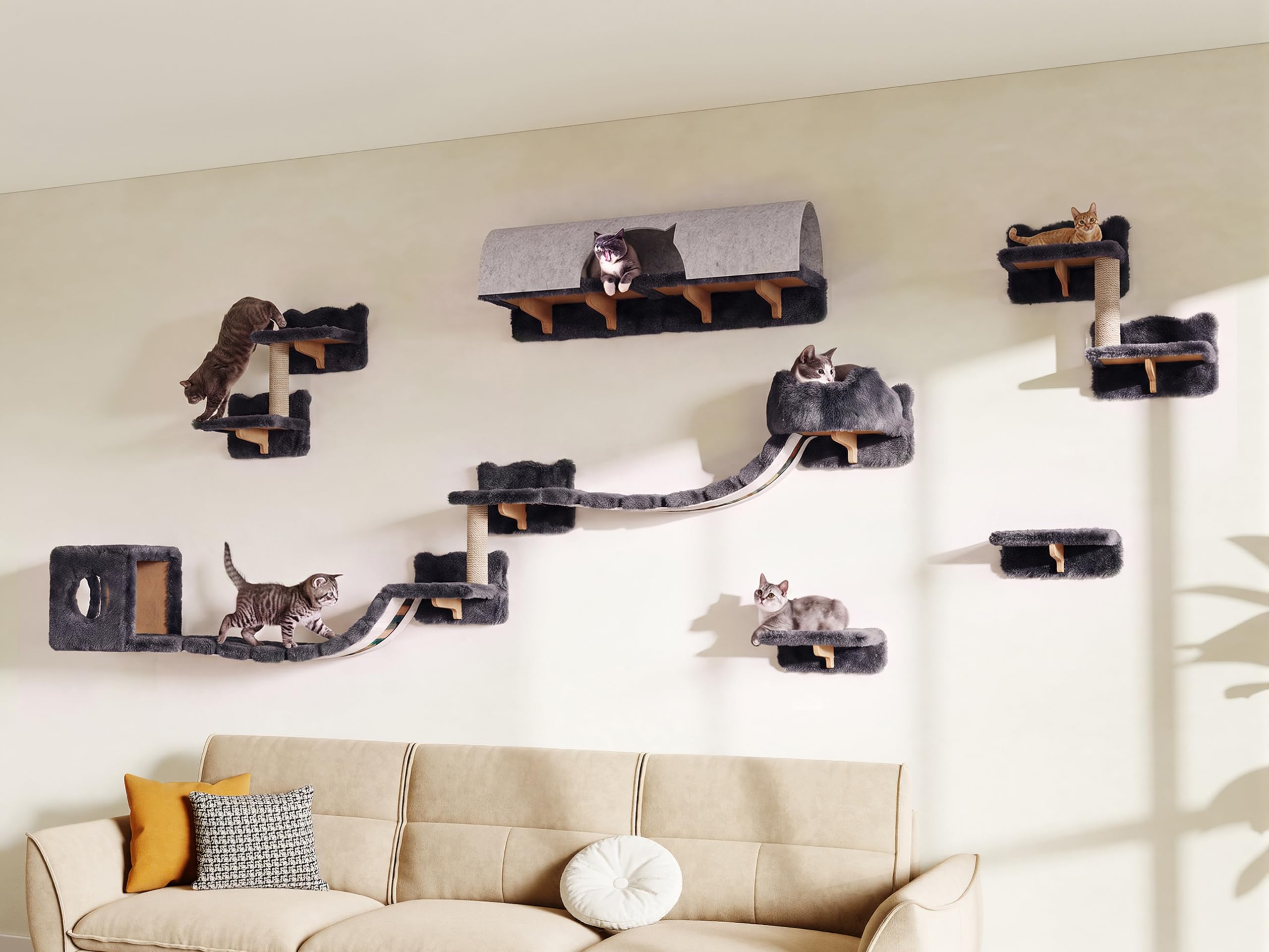 16-in-1 Cat Wall Shelves, Cat Furniture w/Tunnel & Bridge, Grey The Forest Stewardship Council