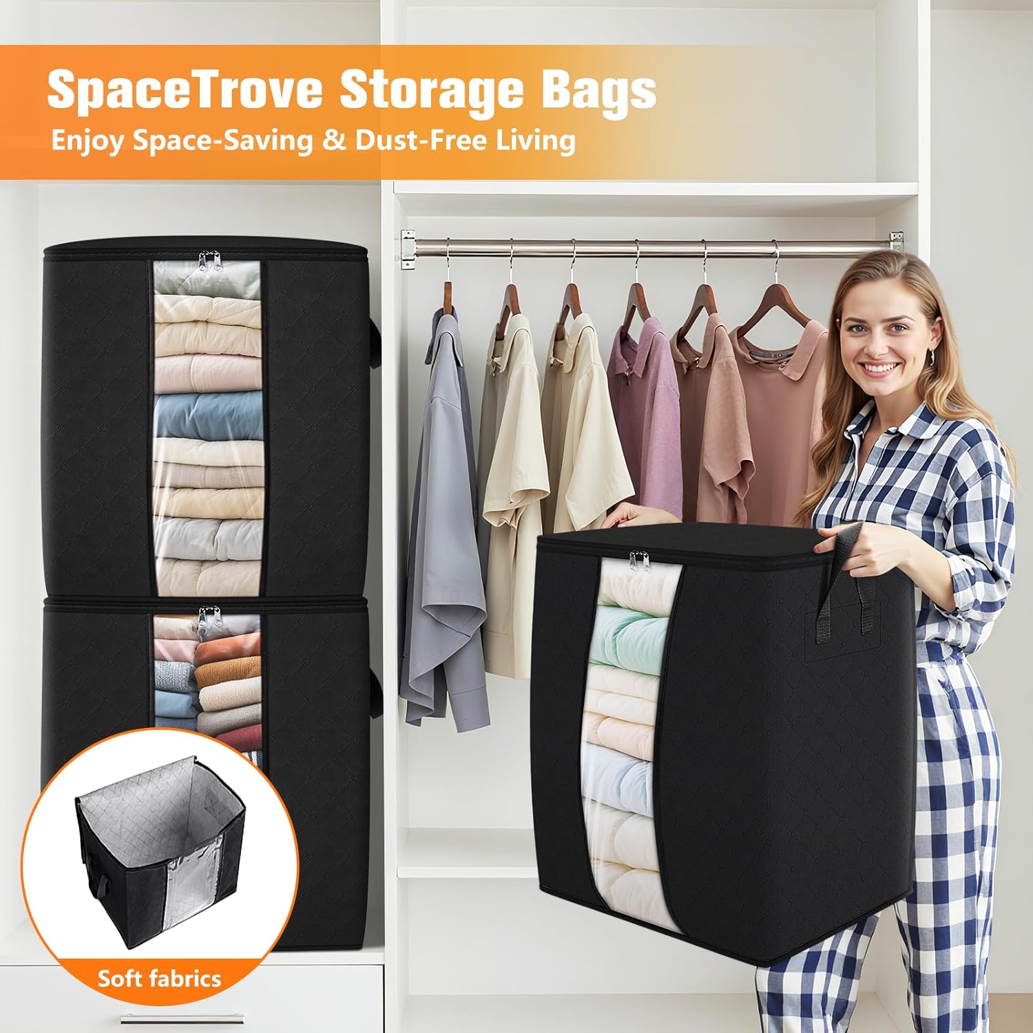 Clothes Storage Bags, 10-Pack Comforter Blanket Organizers, 80L Large Capacity Containers with Visual Window for Clothing, Quilt, Sheet, Pillow, Closet Organization for Bedding (Black)