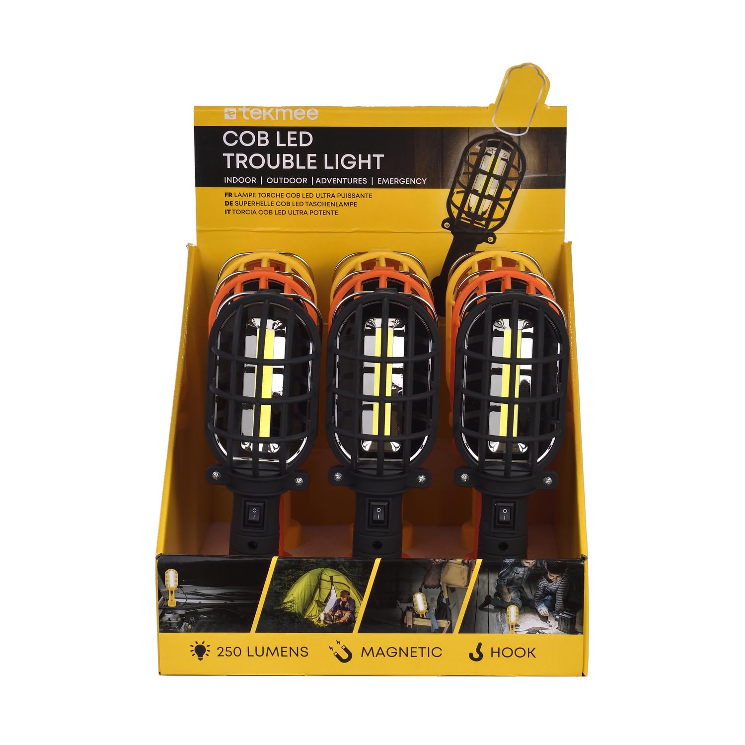 Lampe Torche COB LED 250 Lumens CHAMP – Support Magnétique + Crochet, 3 Piles AA (non Incluses) – Usage Bricolage, Auto, Camping