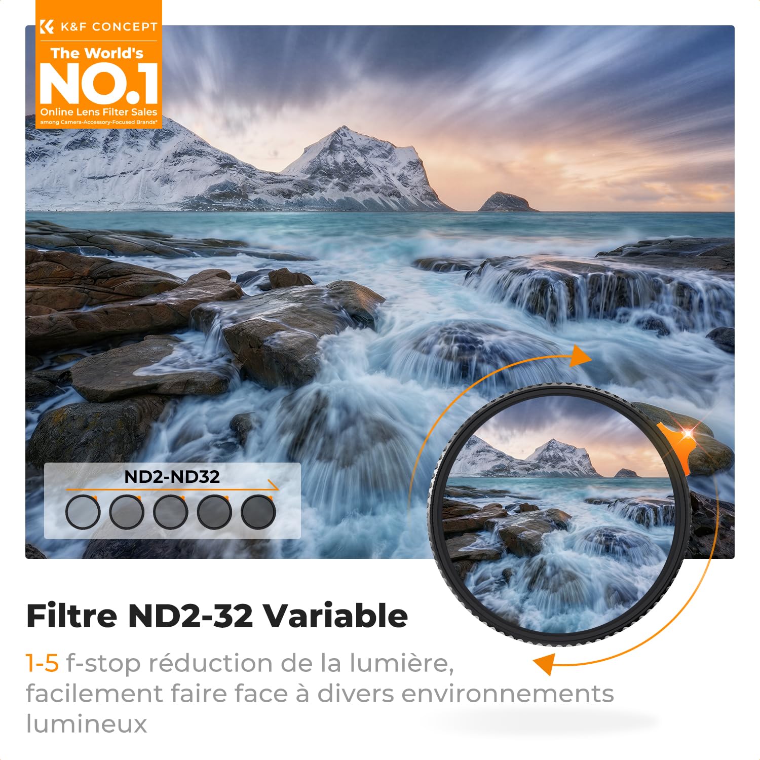 K&F CONCEPT 52mm Filtre ND2-32 Variable de True Color et Réflectivité Ultra-Faible sans Croix Noir 1-5 f-Stops HD Nano revêtement Étanche pour Objectif Appareil Photo