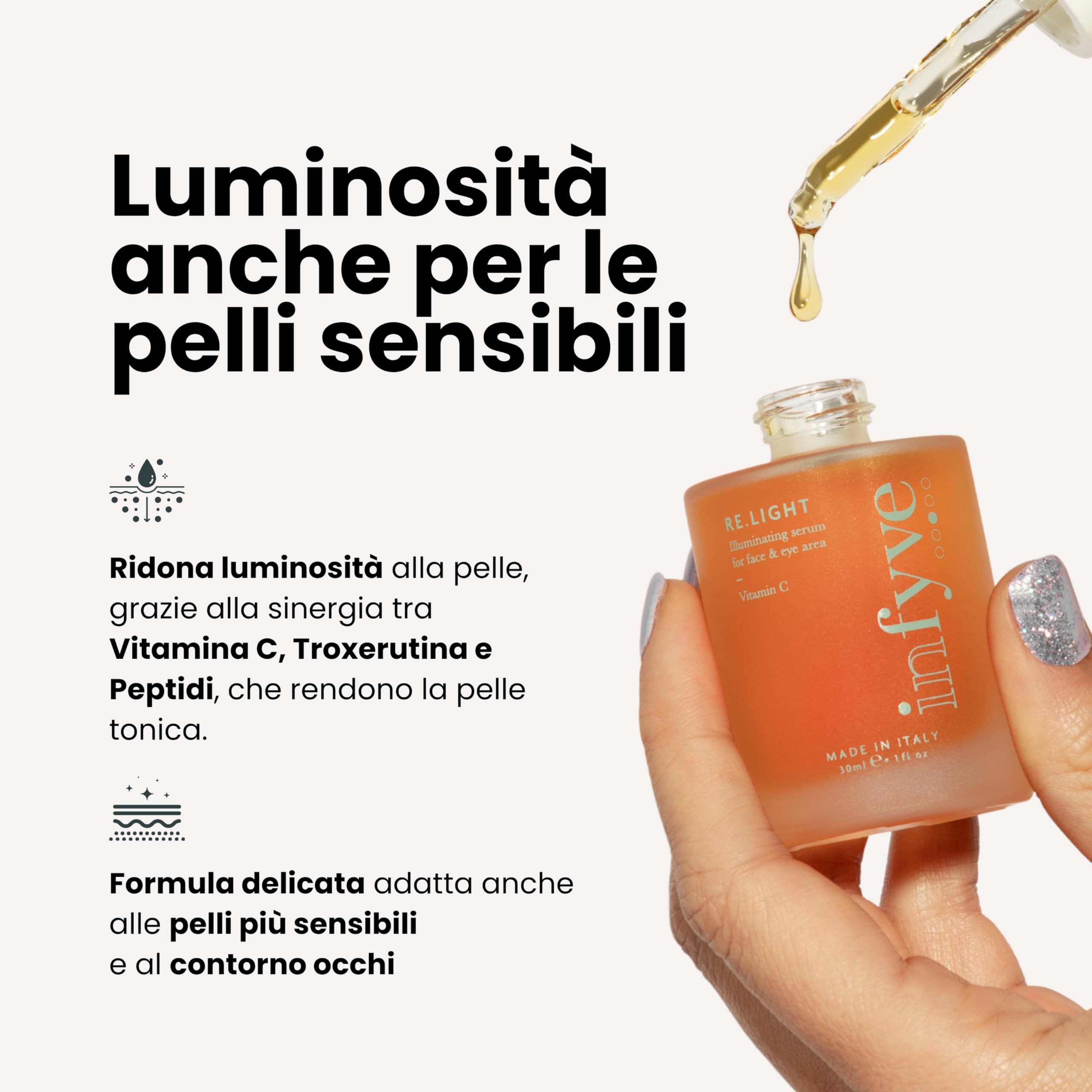 Siero RE.LIGHT | Siero Viso e Occhi Illuminante e Tonificante | con Vitamina C, Acido Ialuronico e Peptidi | Adatto alle Pelli Sensibili | Rende la Pelle più Luminosa, Tonica e Protetta