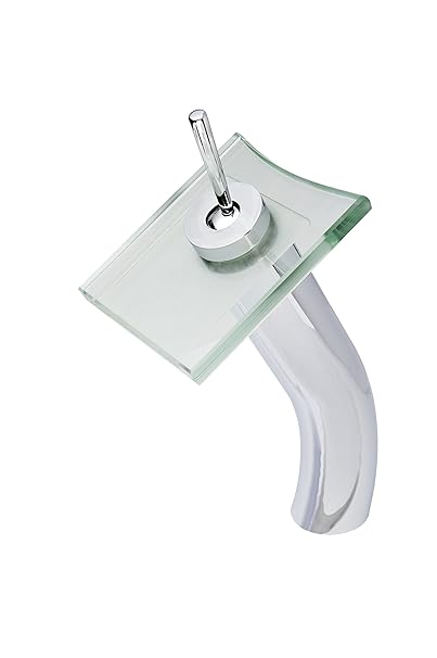 Novatto SQUARED Single Lever Waterfall Vessel Faucet, Chrome/Clear Glass