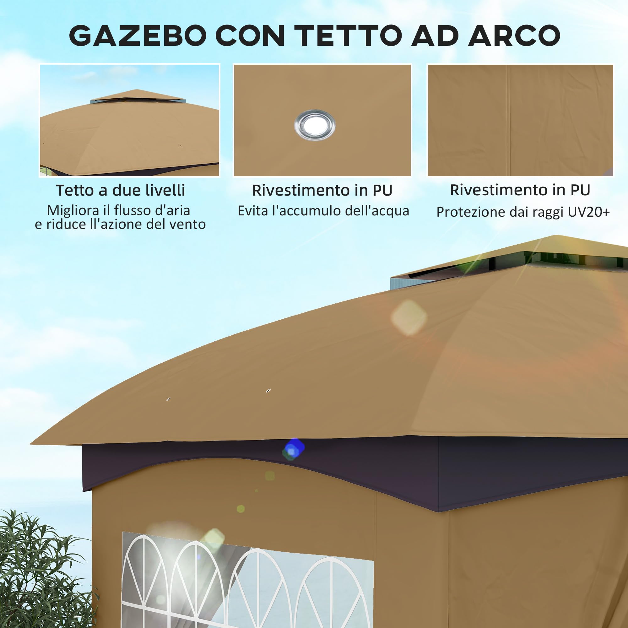 Outsunny Gazebo da Giardino 3.4x3.4 m con Pareti Laterali e Finestre, Gazebo da Esterno Resistente Protezione UV Tenda Tendone Padiglione per Feste con Tetto a 2 Livelli, Struttura in Metallo, Beige