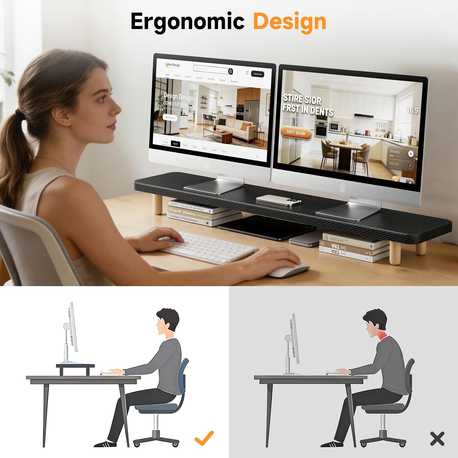 Dual Monitor Stand Riser, 39 Inch Extra Long Wooden Desktop Monitor Riser with Storage for 2 Monitors Ultra Strong Desk Shelf Organizer Riser Ergonomic for 2 Screens/Laptop/PC/TV/Printer (Black, 39inches)