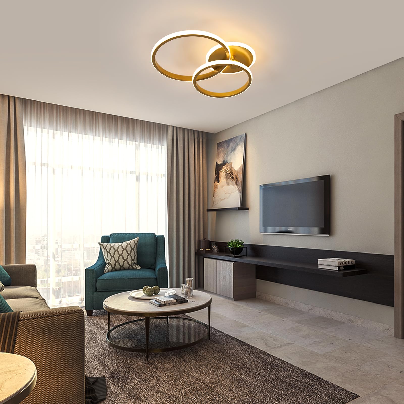 Comely Złoty Plafon LED, 42W 4700LM Nowoczesna Aluminiowa Lampa Sufitowa, Akrylowa Oprawa Sufitowa LED Do Salonu, Sypialni, Korytarza, Kuchni, Holu, Biura, 3000K Ciepłe Białe Światło