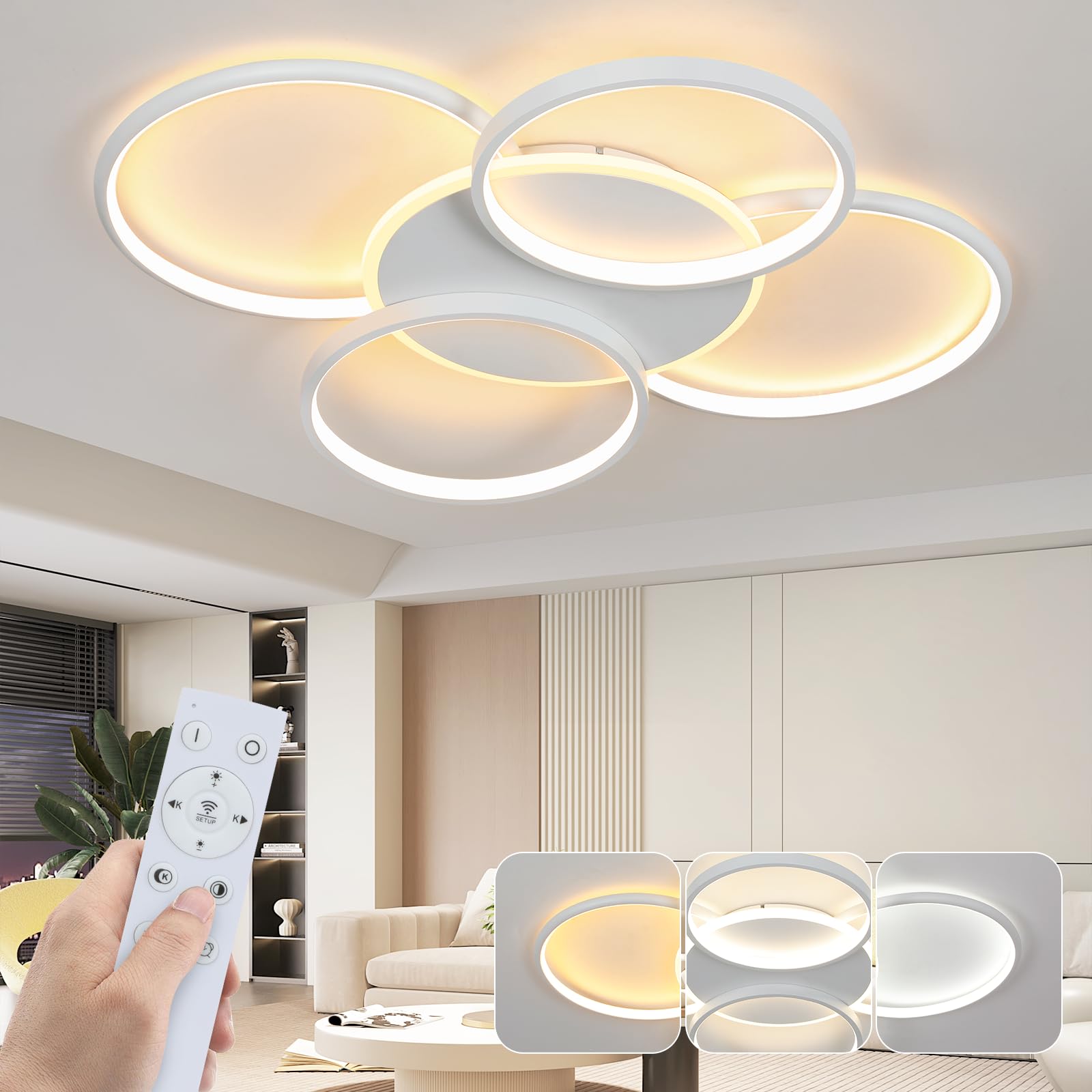 GBLY Deckenlampe LED Deckenleuchte Wohnzimmer: Wohnzimmerlampe Dimmbar 70W | mit Fernbedienung 5-Ringen Weiß Schlafzimmerlampe Modern Acryl Deckenbeleuchtung für Büro Schlafzimmer Esszimmer