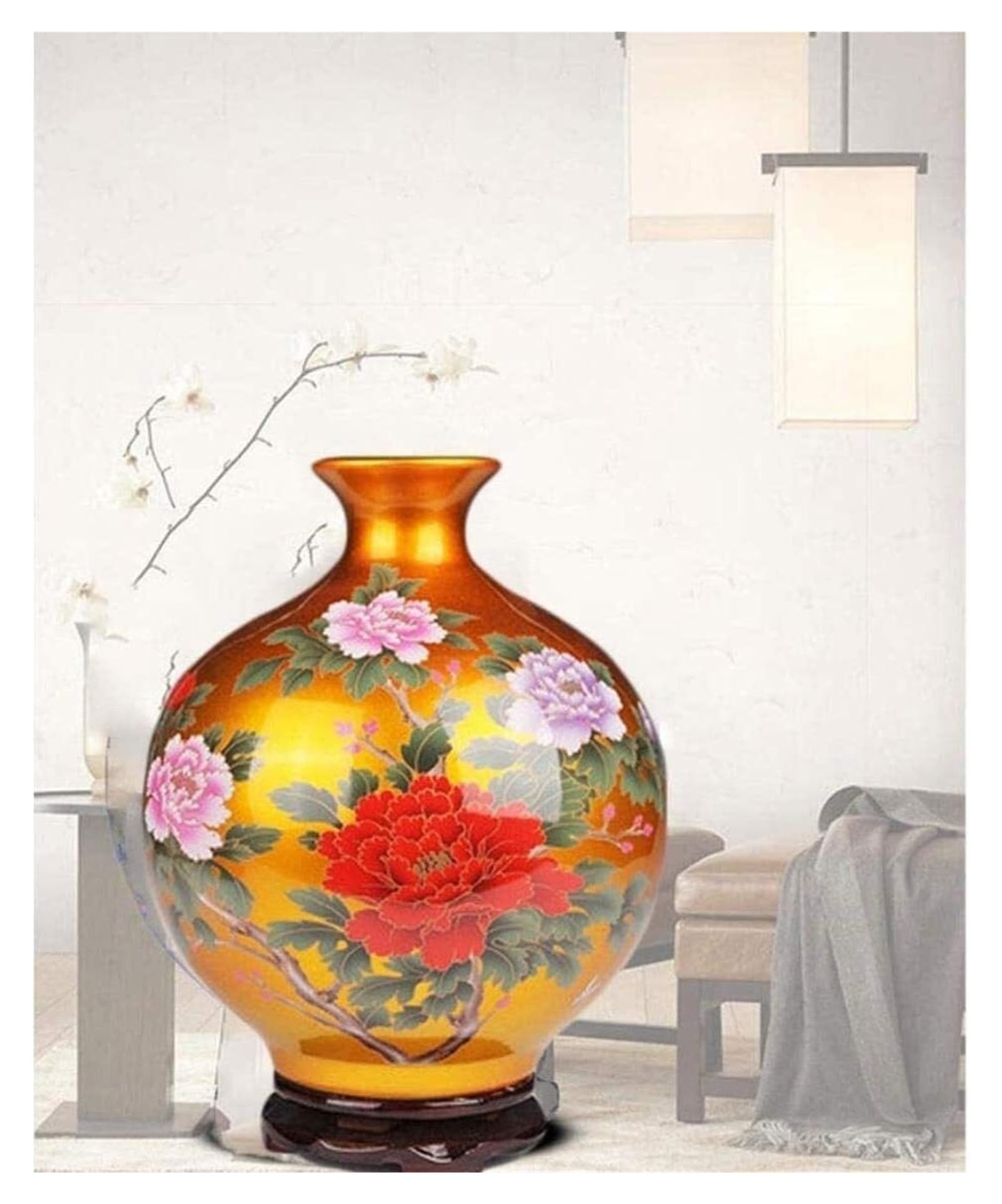Vasen Vase aus Keramik, handgefertigt, mit Pfingstrosenmuster auf dem Sockel, kann im Arbeitszimmer, Hotel, Dekoration for Blumen platziert Werden (blau, 27 x 24 cm)