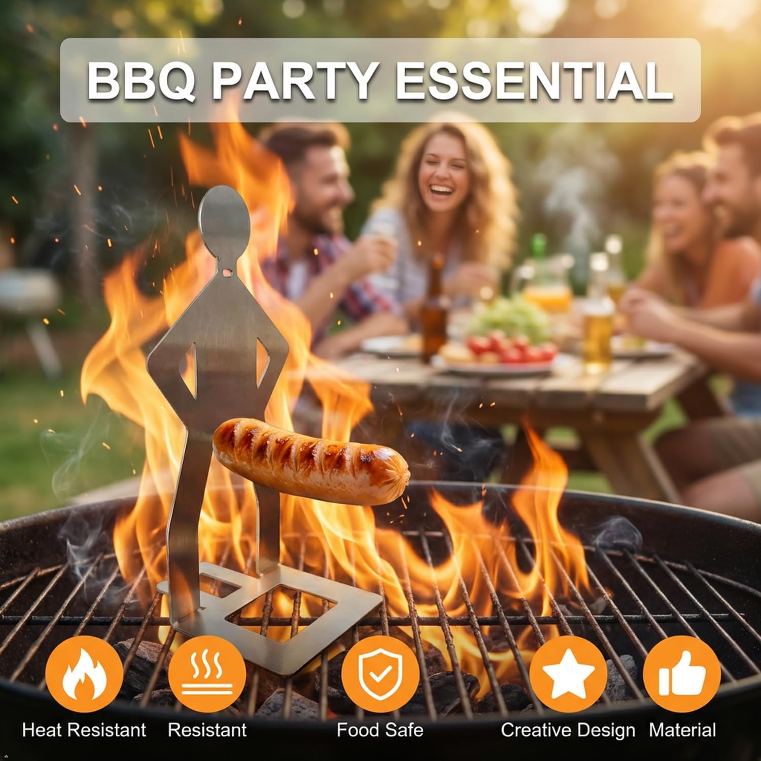 Funny BBQ Man Hot Dog Holders, Stainless Steel Sausage Stands, Portable Roasters for Camping, Picnics and Parties, 4 Pack