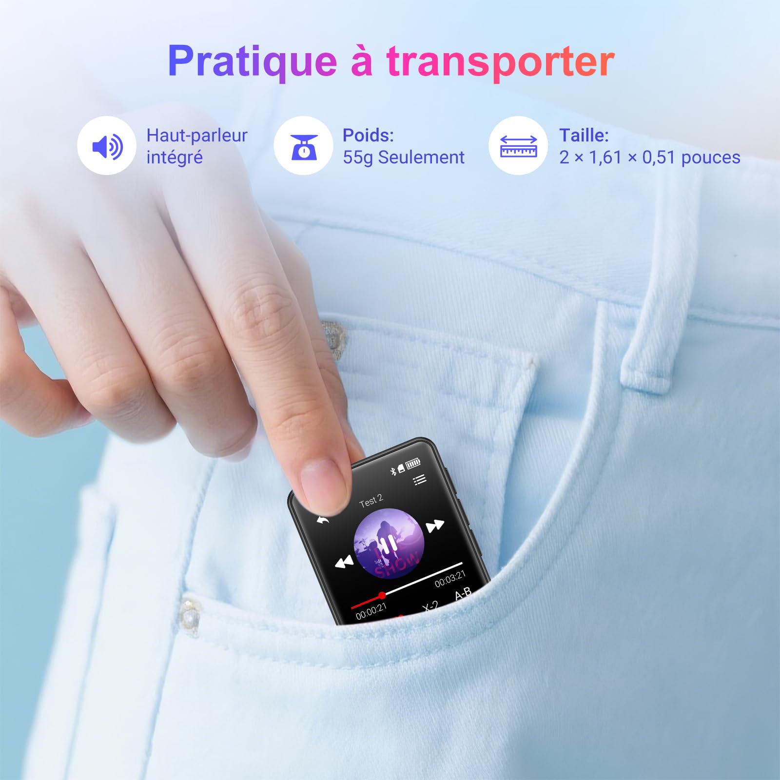 Lecteur MP3 Bluetooth, 128 Go Lecteur de Musique, Haut-Parleur Intégré et Radio FM, Mini écran Tactile de 1,8'' MP3 - Parfait pour Enfants et Les Sports (Noir)