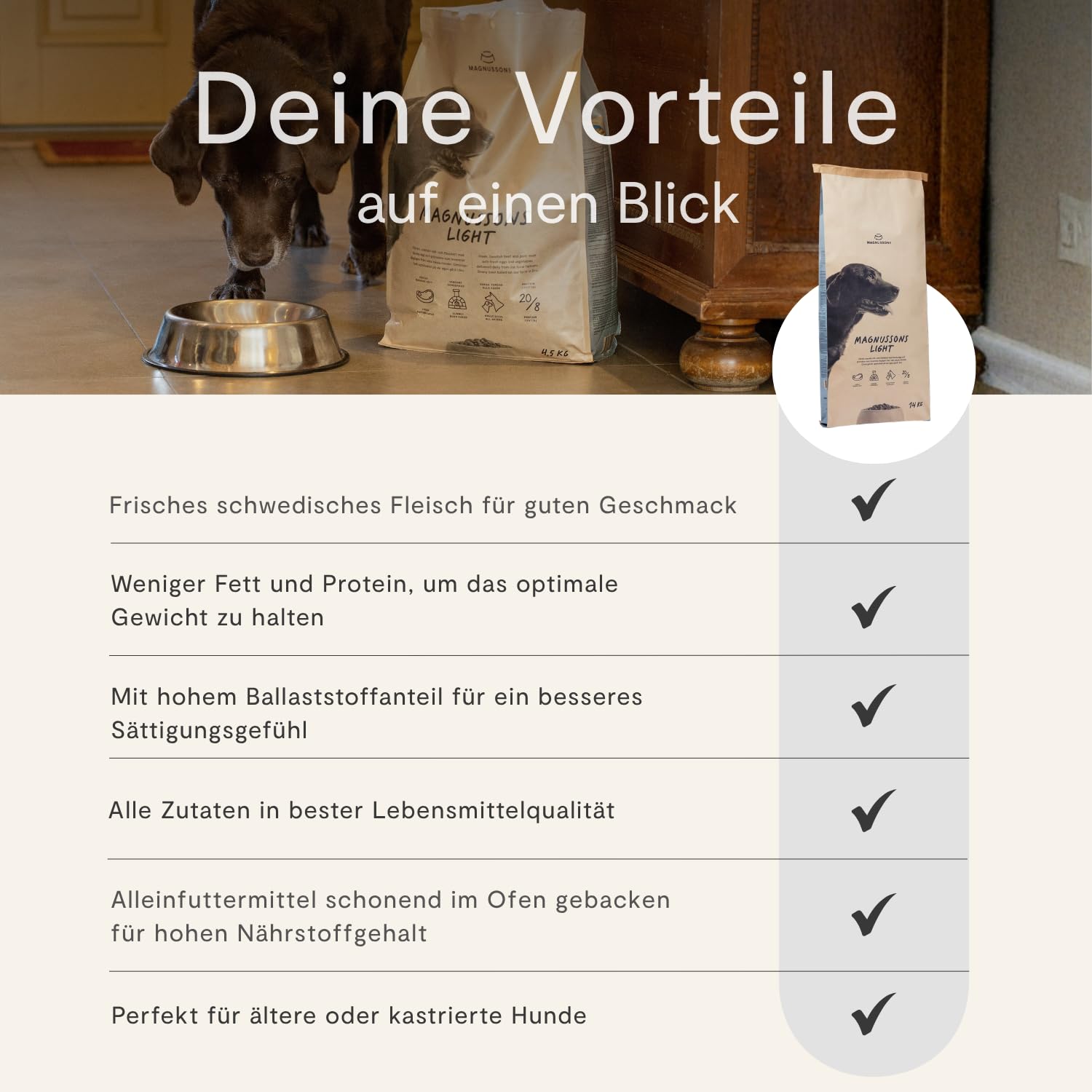 MAGNUSSONs Light (1 x 14kg) | Energiearmes Hundetrockenfutter für Erwachsene Hunde Aller Rassen | Alleinfuttermittel | Zur Erhaltung des optimalen Gewichts | Hoher Anteil an frischem Fleisch