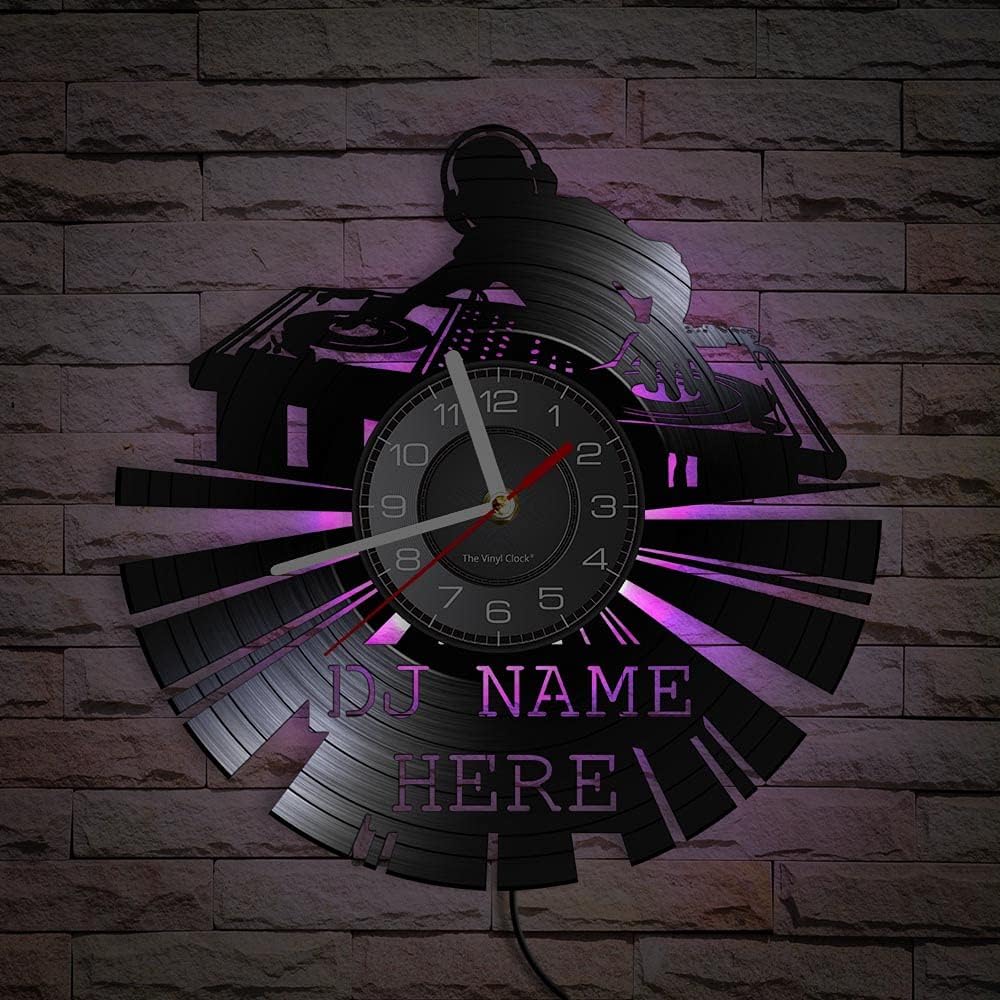 Custom DJ Name Vinyl Record Wall Clock with Color Changing Light Vintage Music Disk DJ Name Personalized Your Name Silent Quartz Watch Rock N Roll Music Retro Gift (with Light)