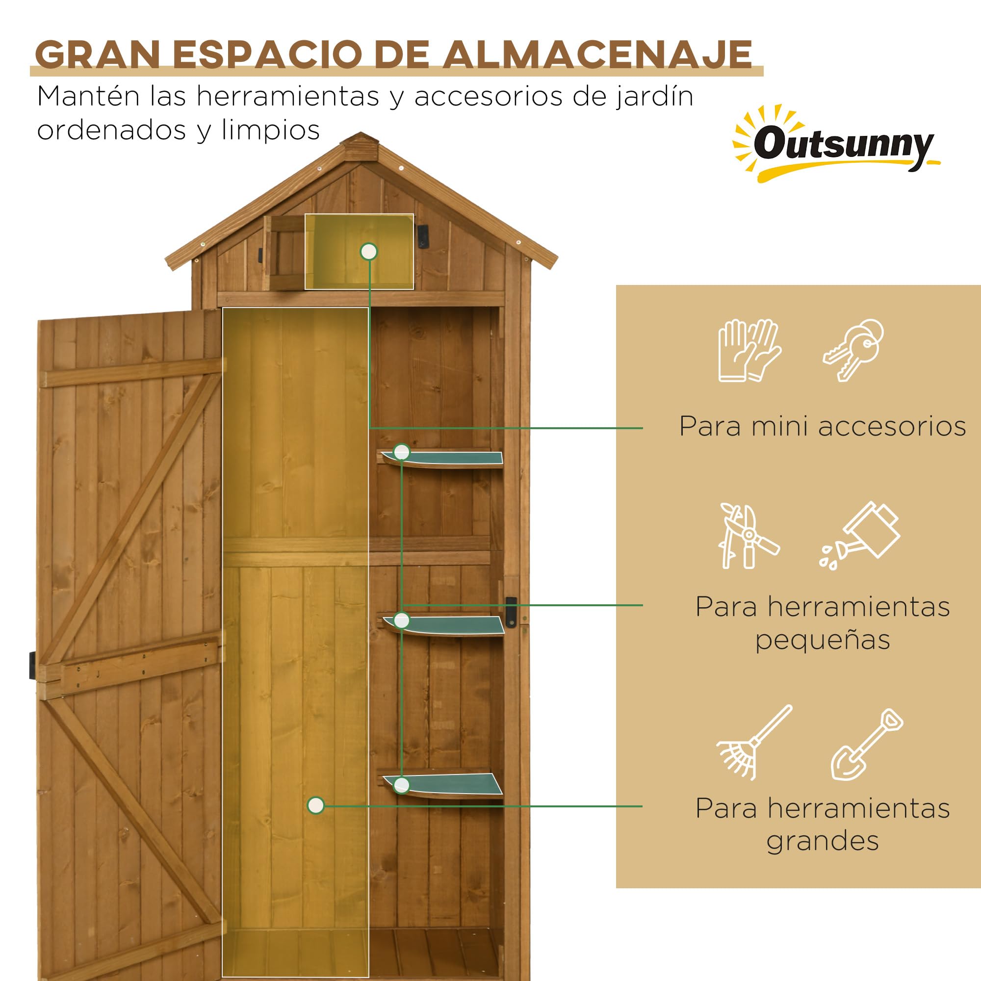 Outsunny Armario de Jardín de Madera 77x54,2x179 cm 0,3 m² Cobertizo para Almacenaje de Herramientas con 3 Estantes y 2 Puertas con Cerrojo para Patio Terraza Natural y Verde — view 3