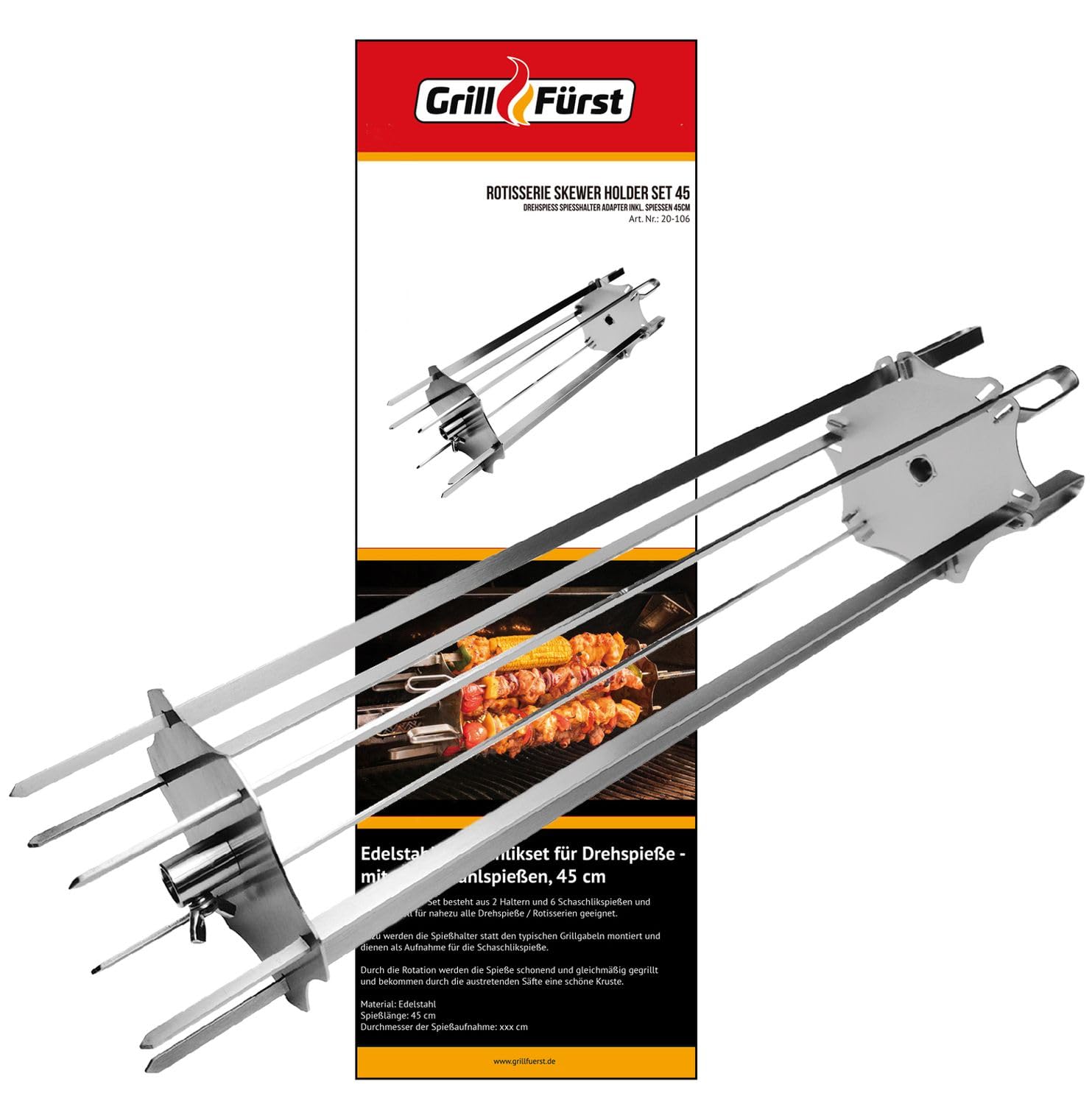Grillfürst Lot de 6 brochettes universelles pour brochettes et rôtisserie, avec 6 brochettes pour kebab, gyros ou kebab, longueur totale : 45 cm